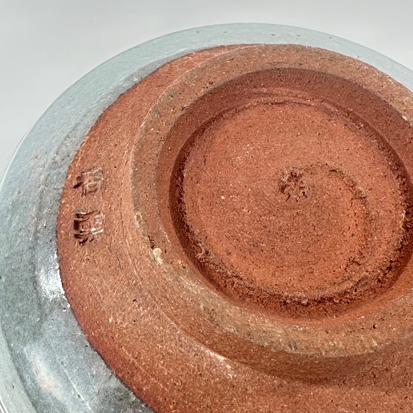 Japanese Tokoname Style Stoneware Chawan Mishima Decoration W/ Grey Glaze Over White Slip Red Terracotta
