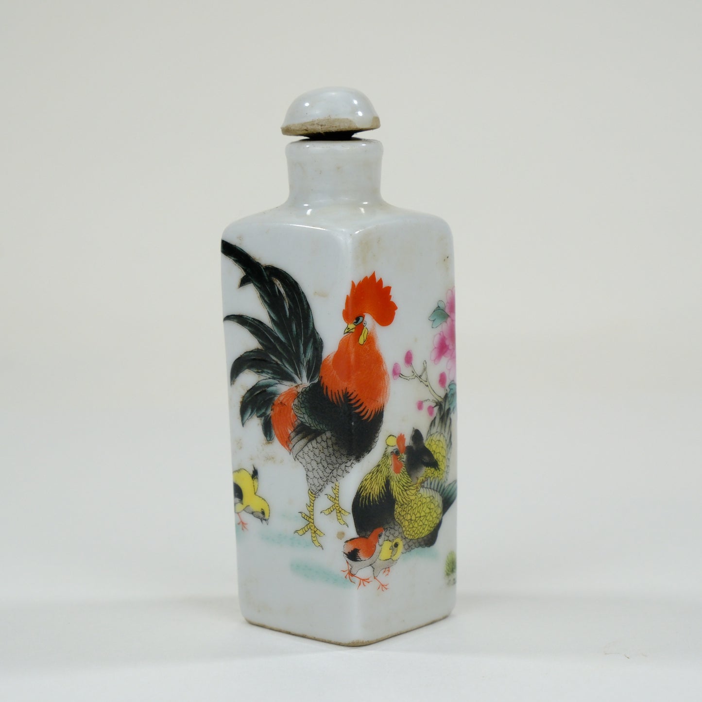 Vintage Chinese Ceramic Snuff Bottle Rooster Motif w/ Stopper 3"