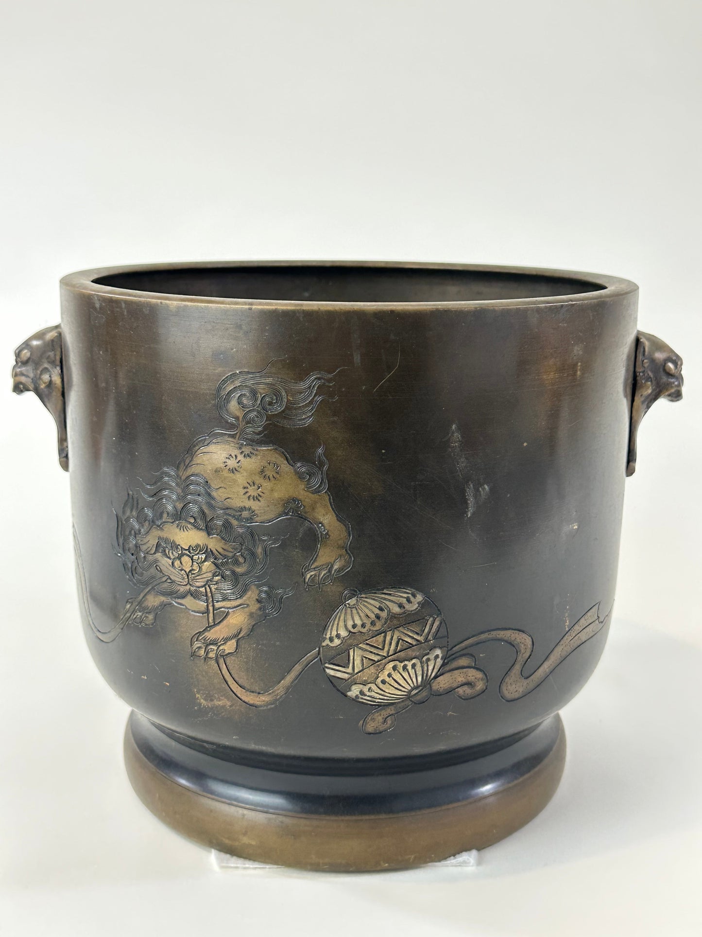 Antique Japanese Meiji Era Bronze Hibachi Brazier Shi-Shi Fu Dogs 10"