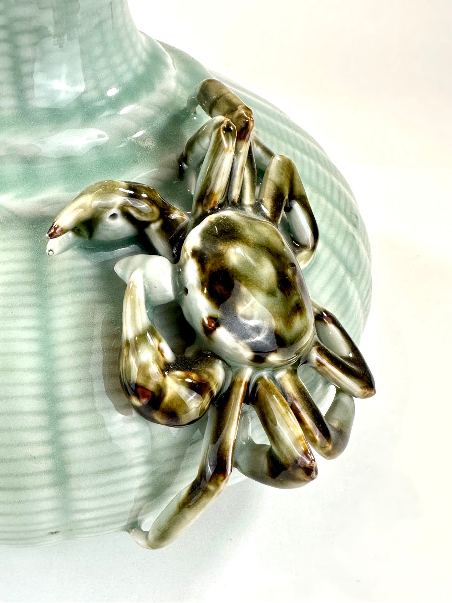 Vintage Japanese Celadon Basket-Weave Vase with Applied Crab 9.5"