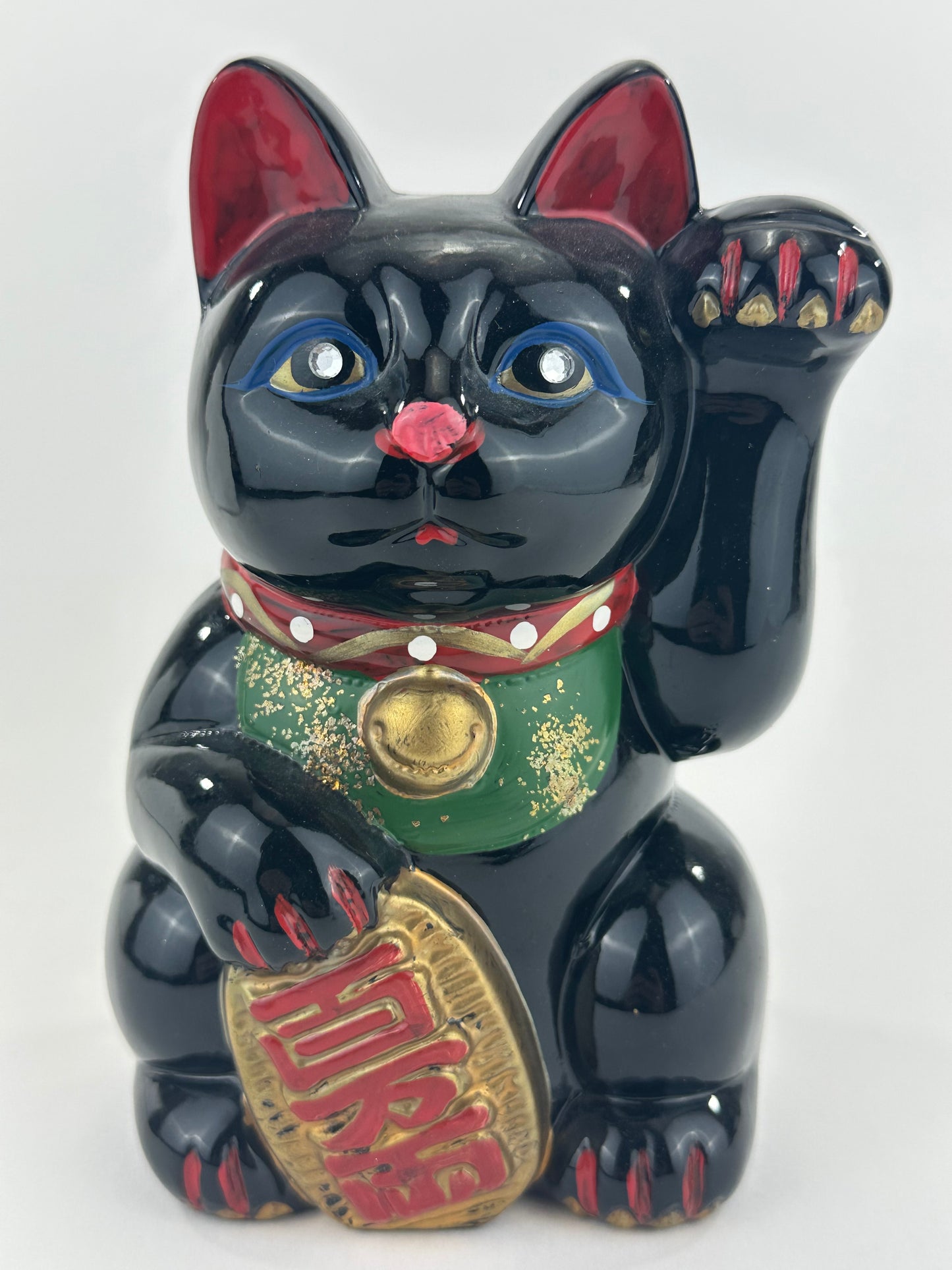 Vintage Japanese Black Ceramic Maneki Neko Fortune Cat Lucky Coin Bank 7"H