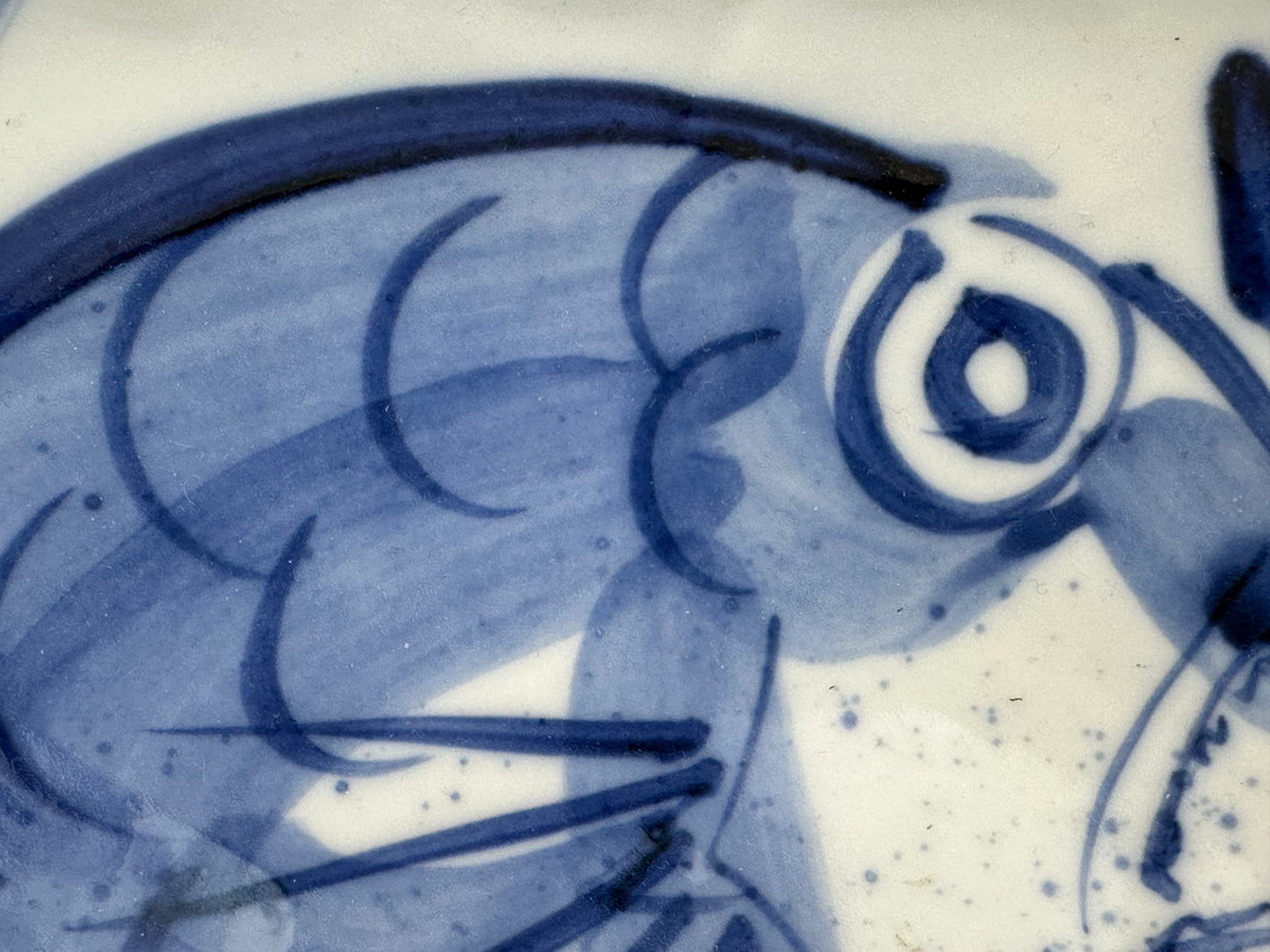 Vintage Japanese Imari Ceramic Bowl & Calligraphy Fish Cobalt Blue 9.5”