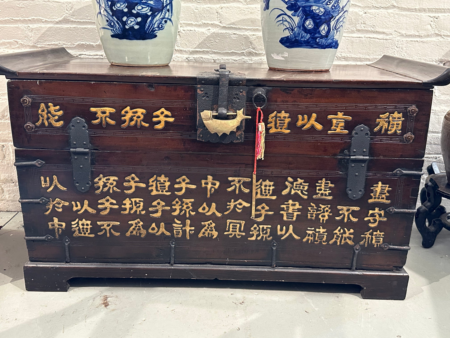 Antique Korean Trunk Chest w/ Calligraphy Koi Lock