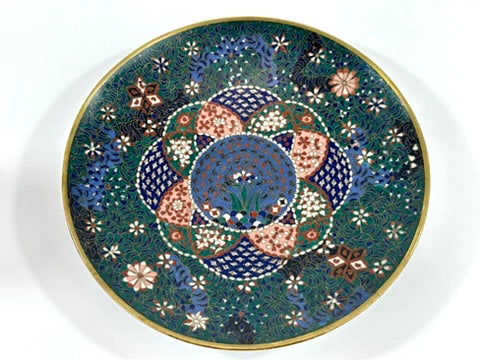 Japanese Meiji Cloisonne Shippo Plate Green Floral Medallion Iris Geometric 7.5"