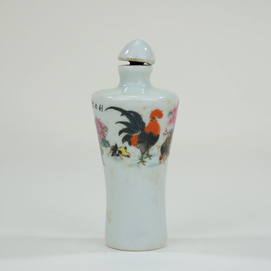 Vintage Chinese Porcelain Snuff Bottle Rooster Motif w/ Stopper 3"