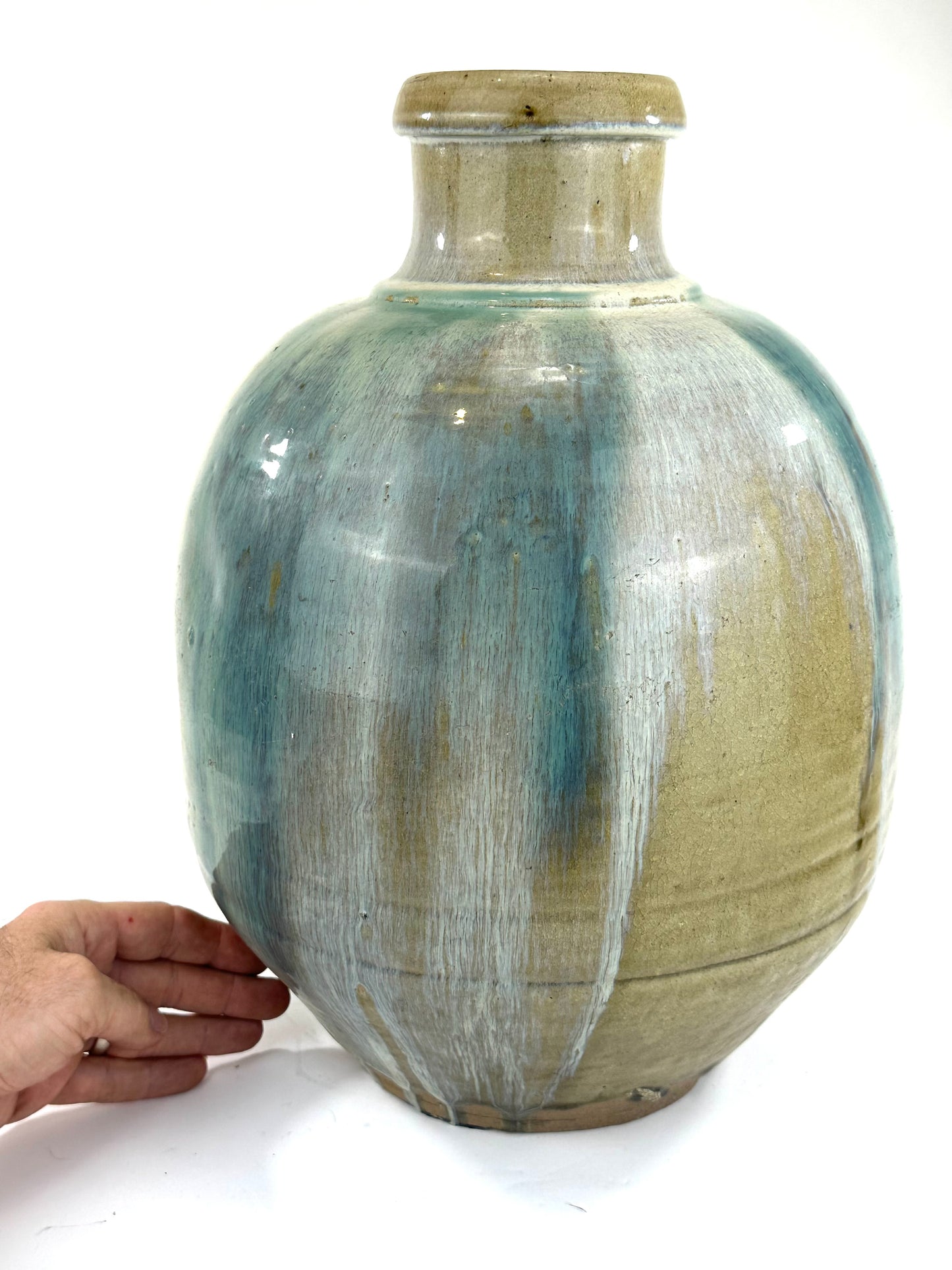 Antique Japanese Tsubo Urn Blue-Green Shigaraki Drip Glaze 16"H