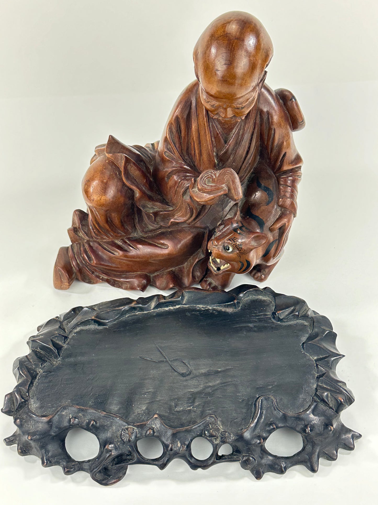 Antique Chinese Carved Wooden Statue of Immortal w/ Tiger 10”