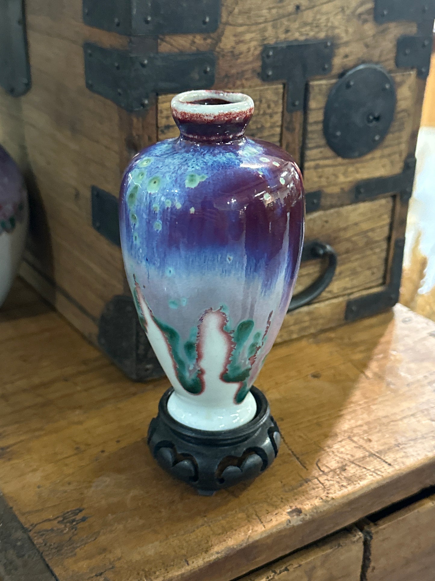 Matsuyama Gaei Peacock Glaze Vase Japanese Hand Thrown w/ Box 4.5"