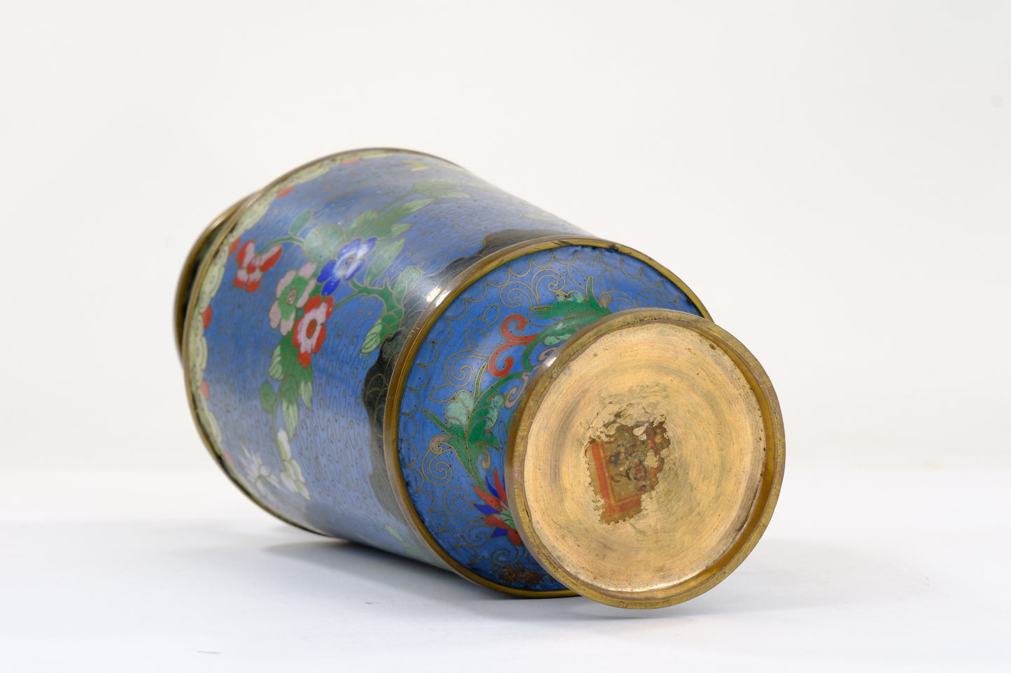 Chinese Cloisonne Enamel Vase Blue Ground Floral Butterfly Brass Paneled Form