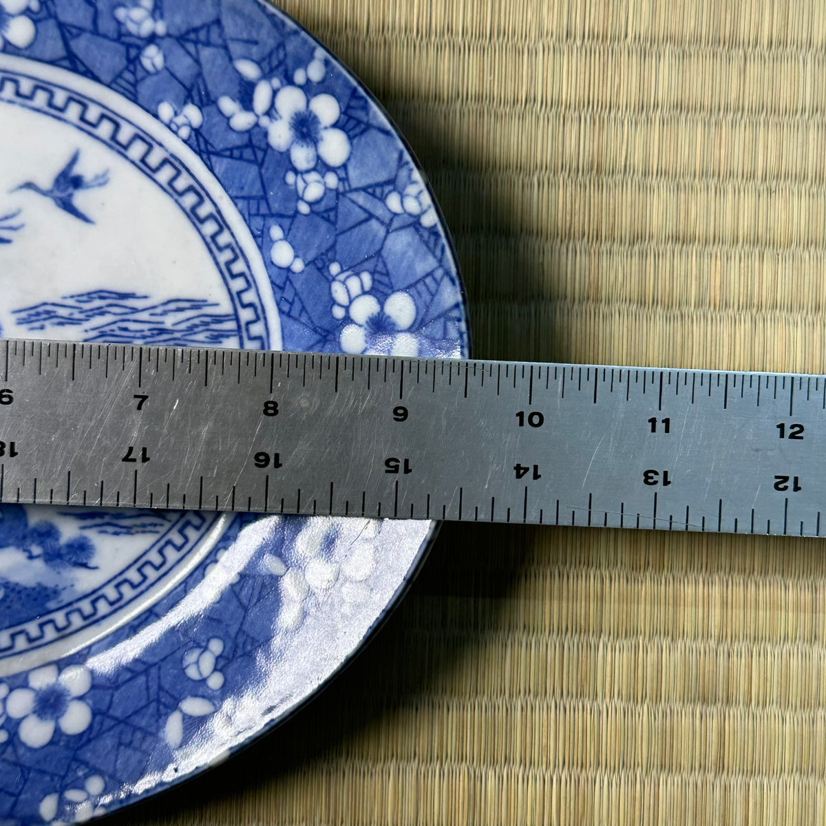 Antique Japanese Blue & White Porcelain Plate Pine Crane Prunus Landscape 9.5"W