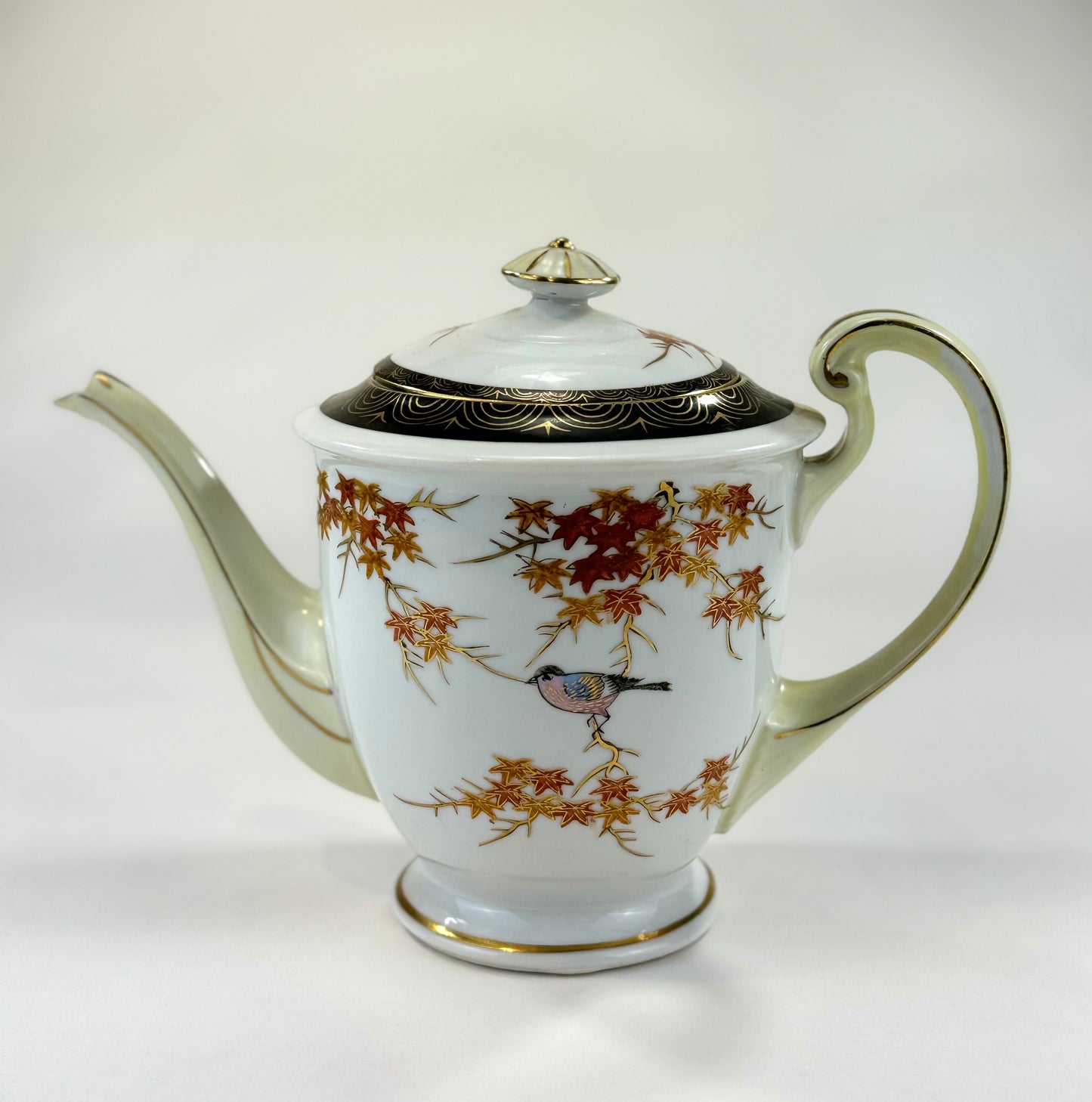 Vintage Japanese c1940’s Teapot Hand Painted Maple Leaf & Bird 7”