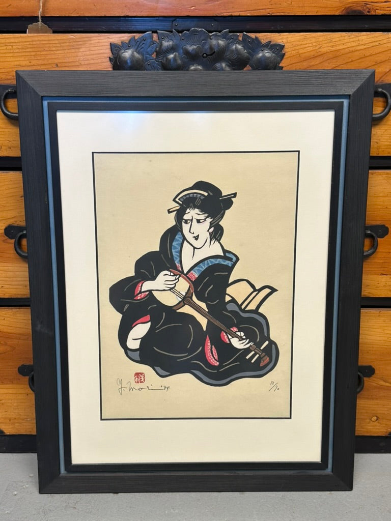 Vintage Japanese Kappazuri Print Yoshitoshi Mori Bijin Playing Shamisen 1984 Ed 13/90
