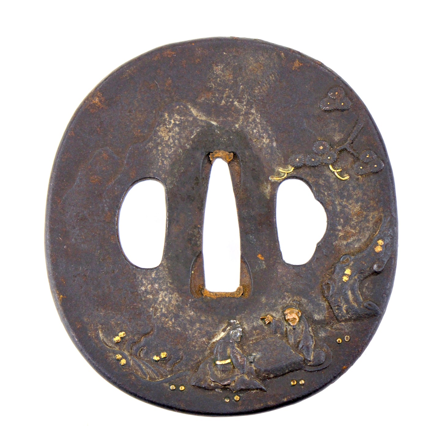 Antique Japanese Samurai Iron Tsuba Sword Hilt Guard Gold Copper Inlay