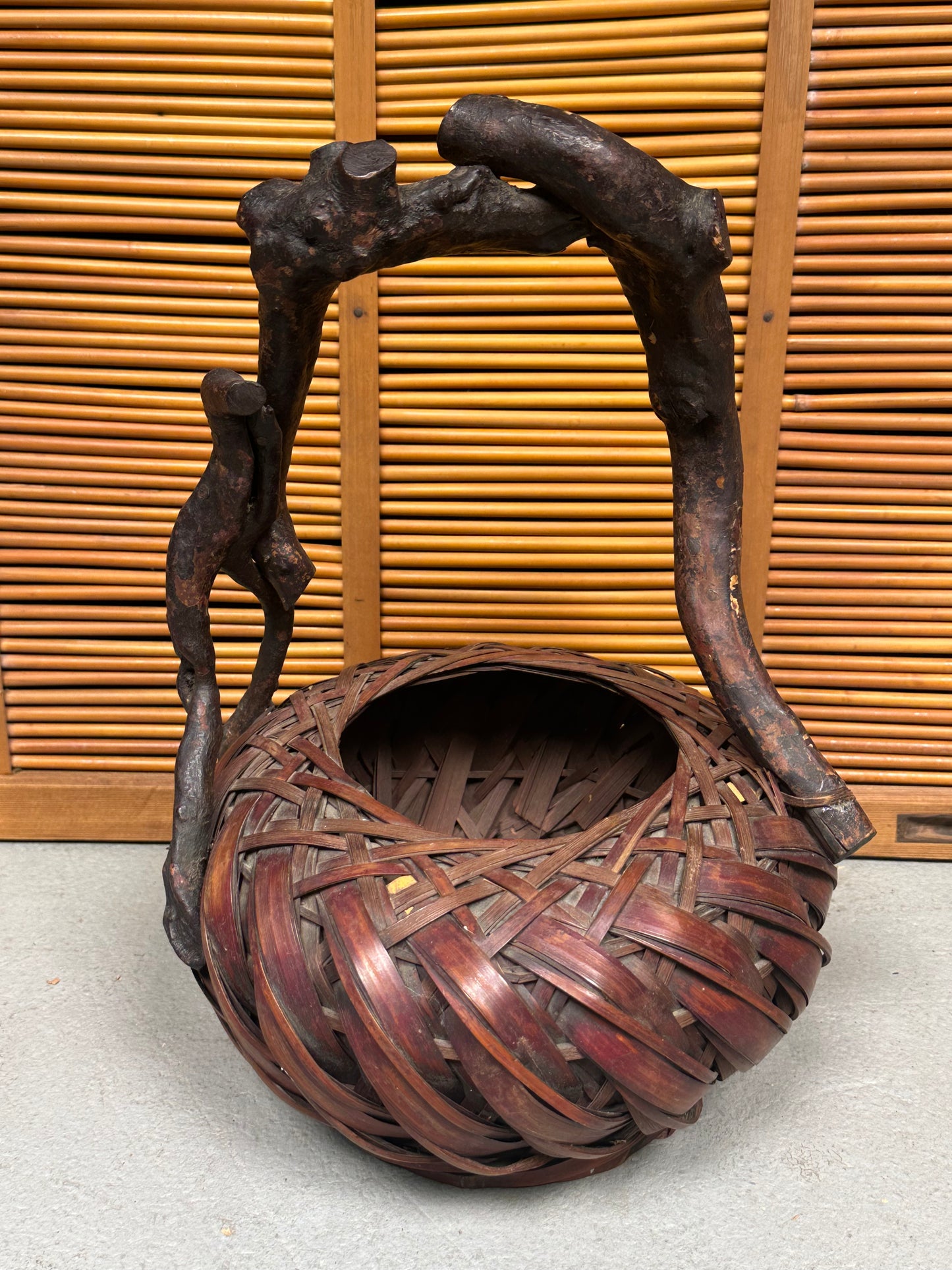 Antique Japanese Bamboo Flower Basket Hanakago Wisteria Branch Handle ~16"H