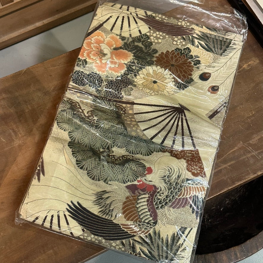 Antique Japanese Silk Obi Sash Phoenix Folding Fan and Pine Design 13′L