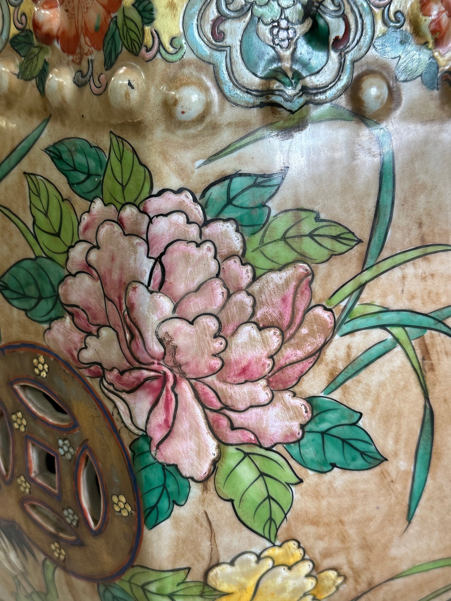 Vintage Coffee Table Chinese Garden Stools Ceramic Crane Motif 54x30"