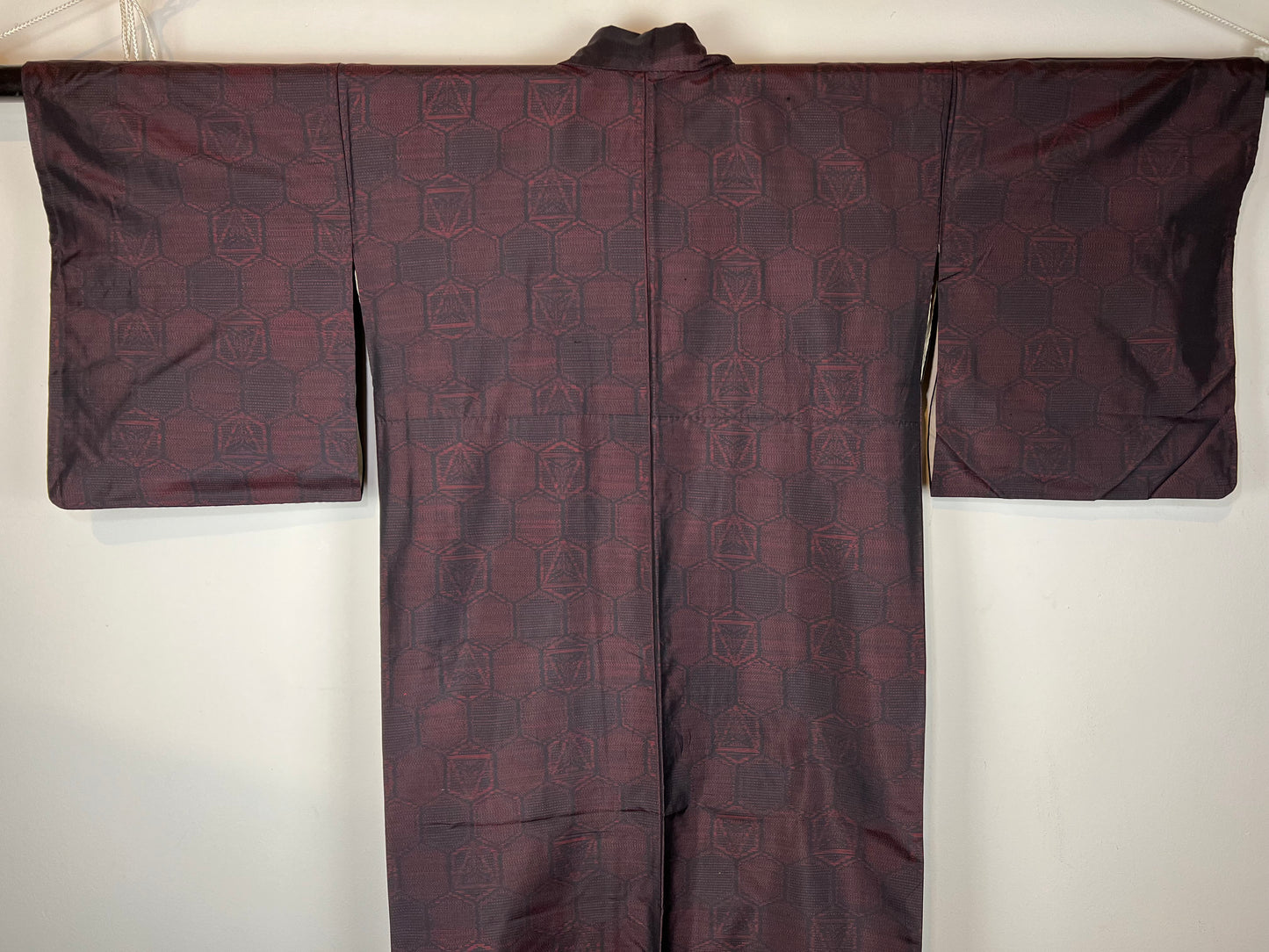 Vintage Japanese Silk Kimono Ruby Red & Black Hexagon Pattern 63"L