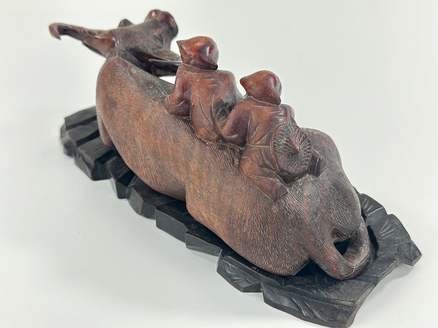 Antique Chinese Hand Carved Wooden Sculpture Buffalo & Children 14”