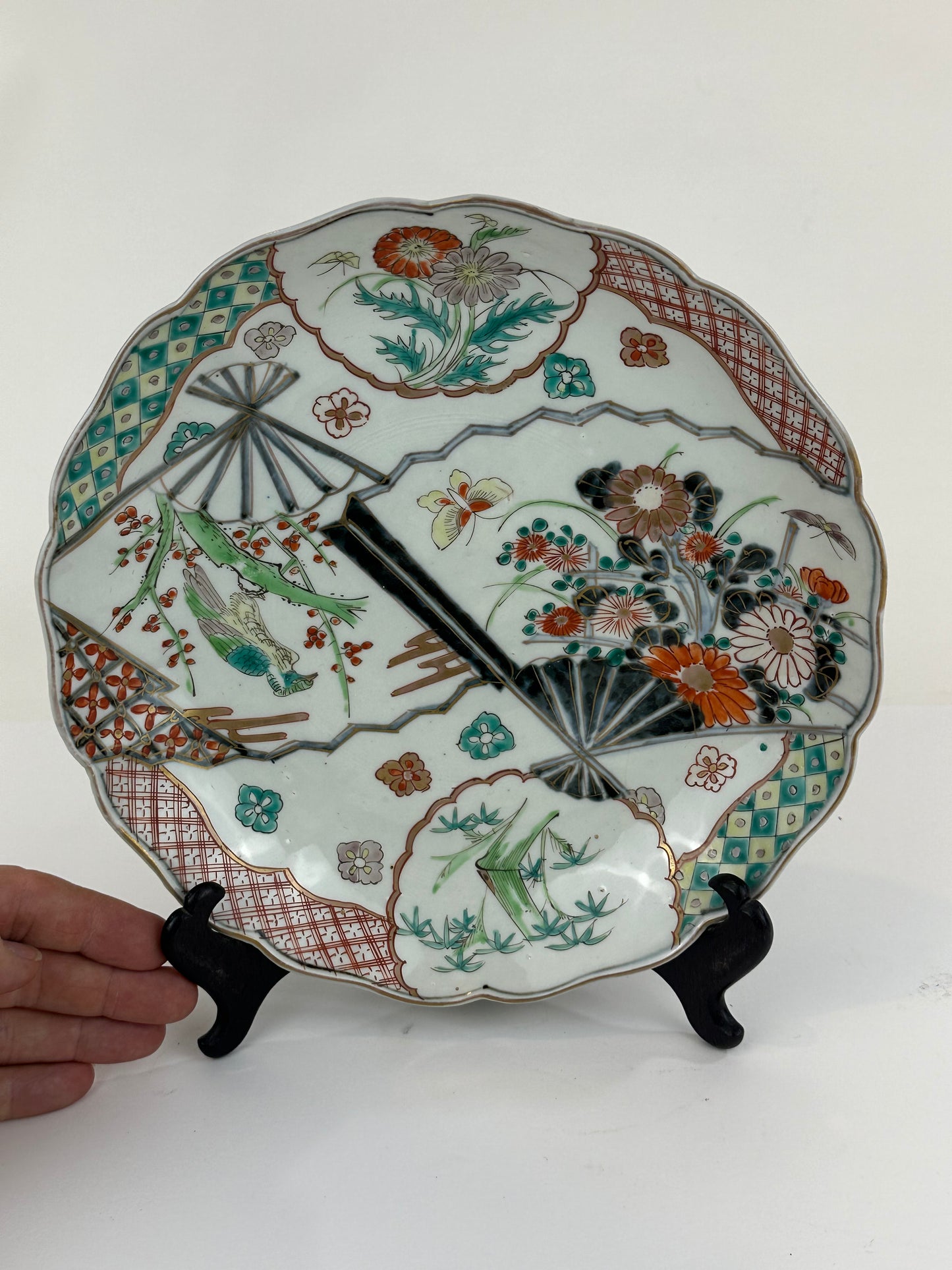 Antique Japanese 19thC Imari Ceramic Plate Hawk & Fan 9.5"