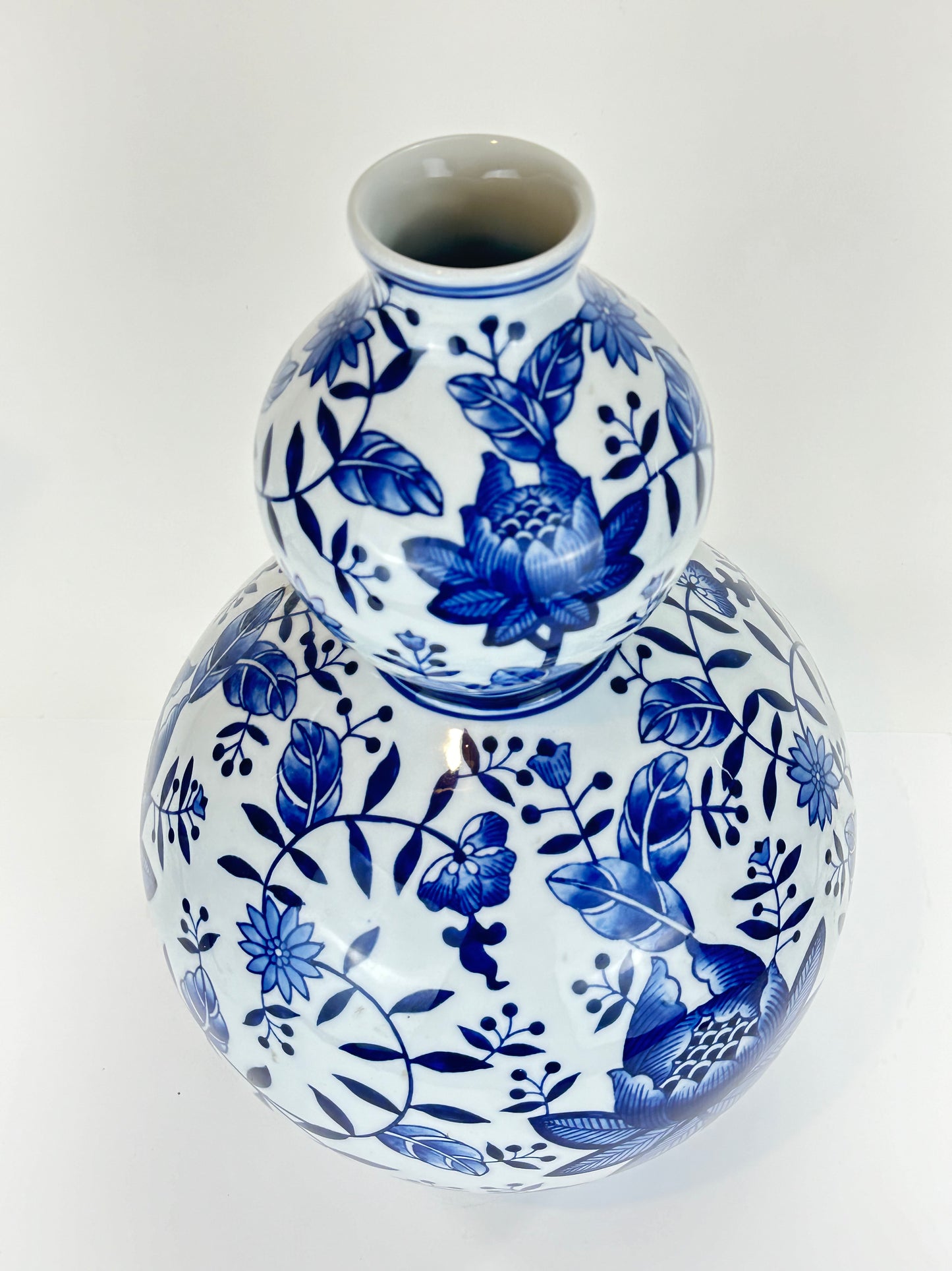Vintage Chinese Large Vase Blue & White Gourd Shaped 20”H