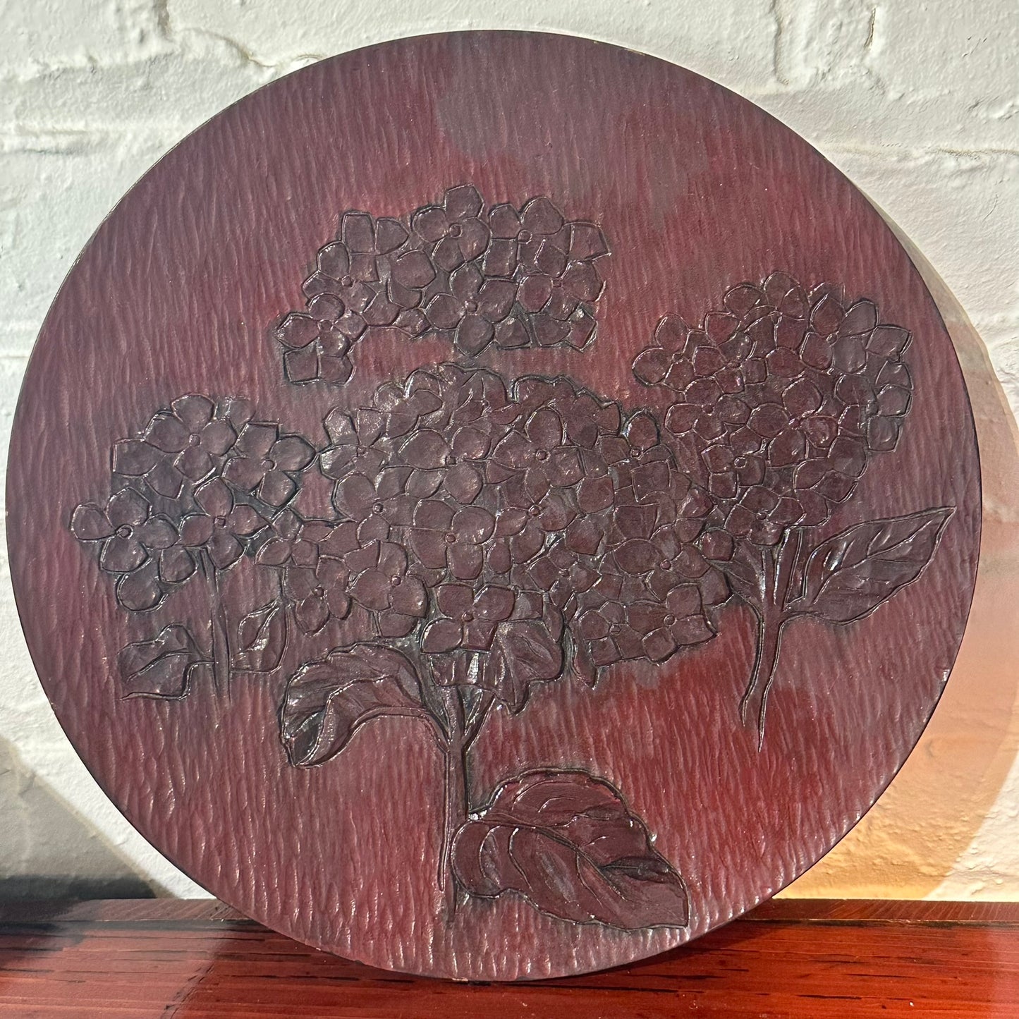 Japanese Signed Kamakurabori Wood Plate Hydrangea Red Lacquer 12”