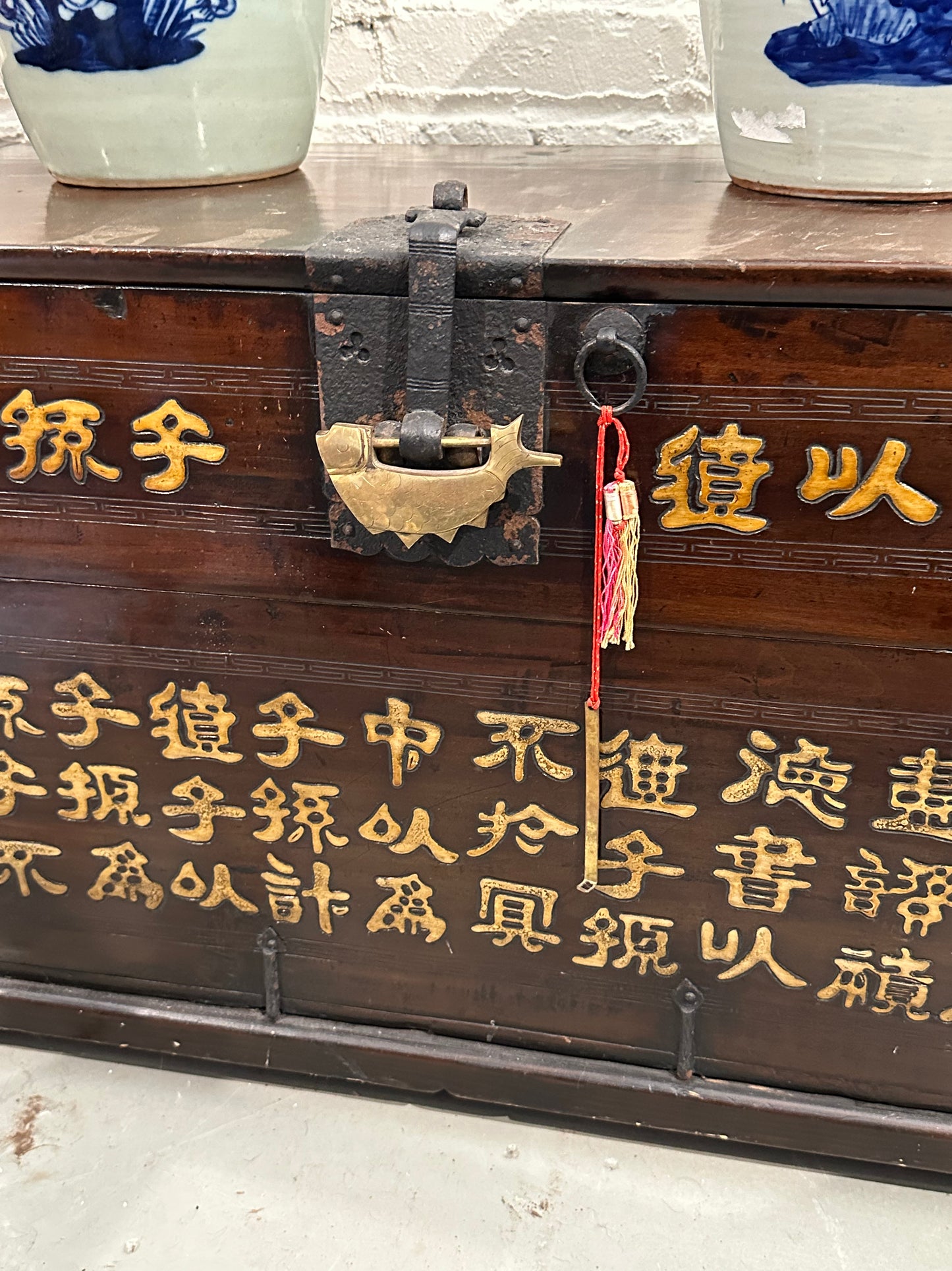 Antique Korean Trunk Chest w/ Calligraphy Koi Lock