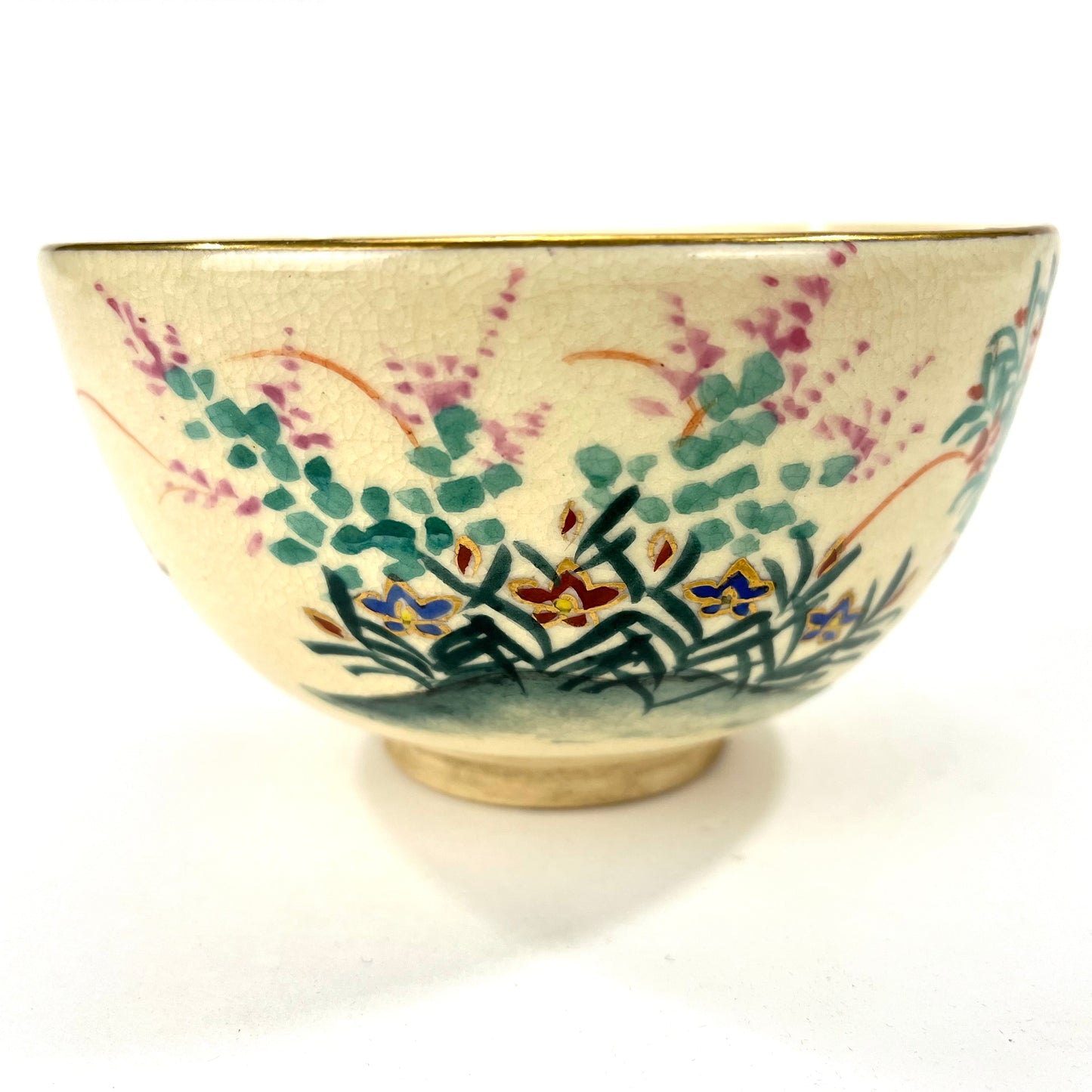 Signed Tea Ceremony Chawan Tea Bowl w/ Flowers & Seascape 5”