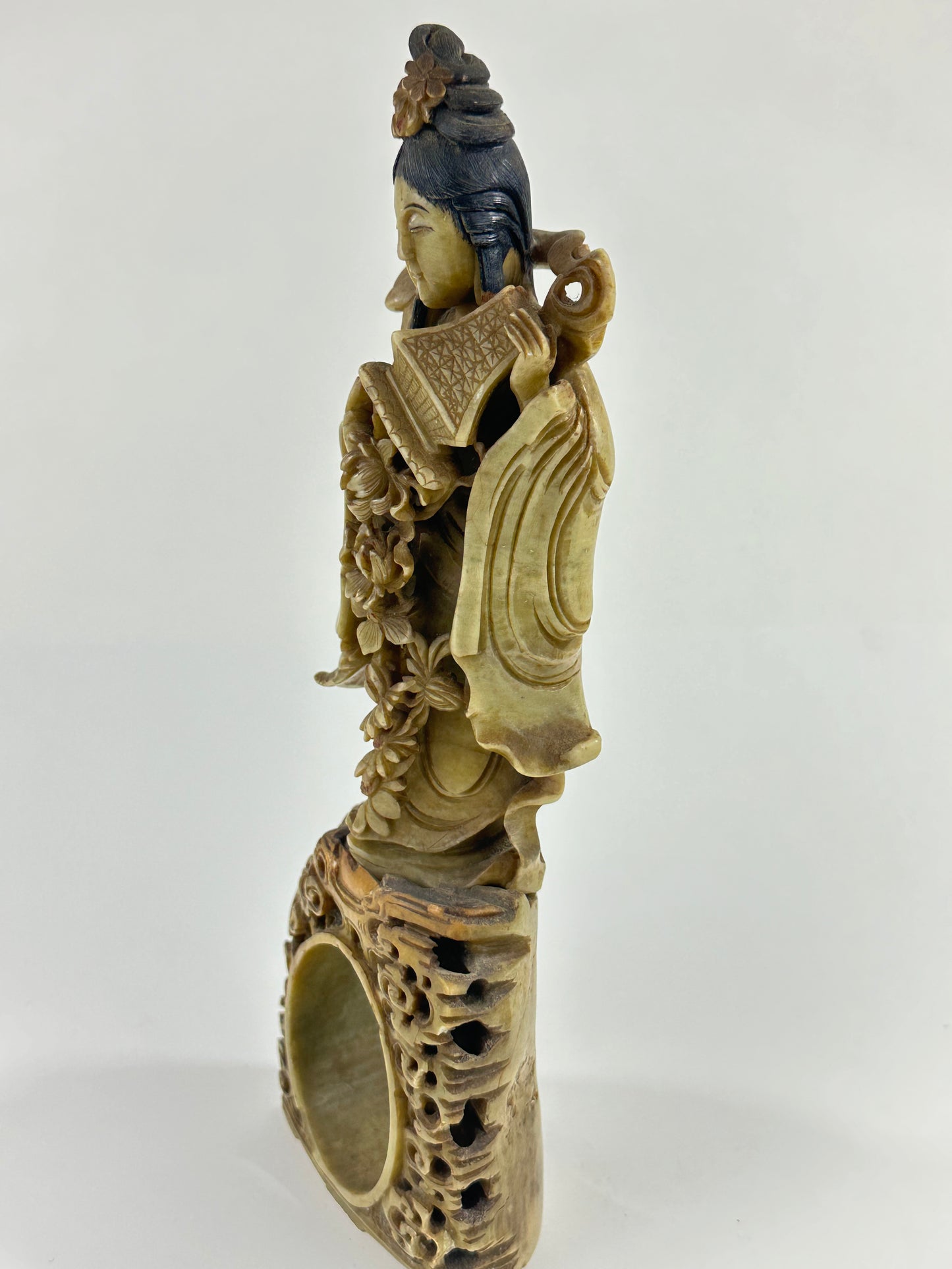 Antique Chinese Natural Stone Carved Statue of Quan Yin 11.5”