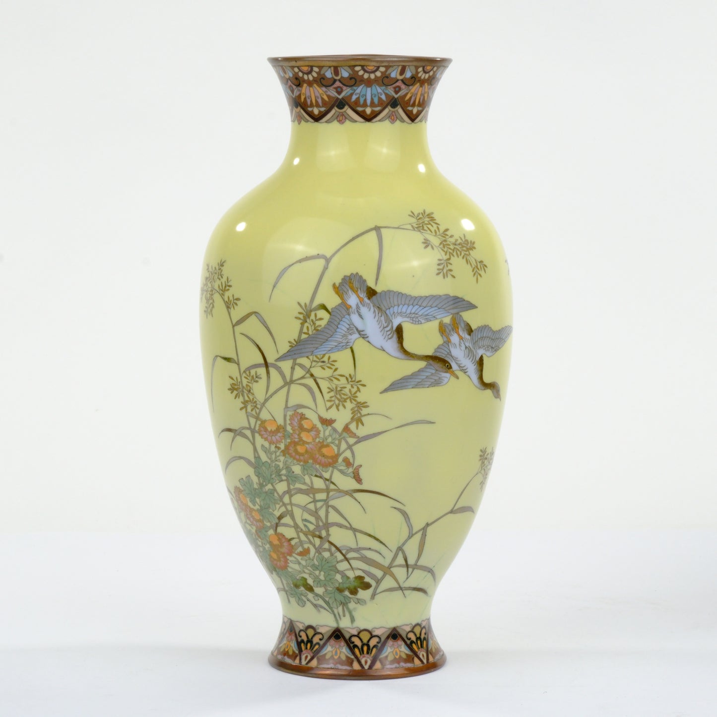 Antique Japanese Meiji Era (c1880) Cloisonné Vase Geese in Flight Yellow 10”