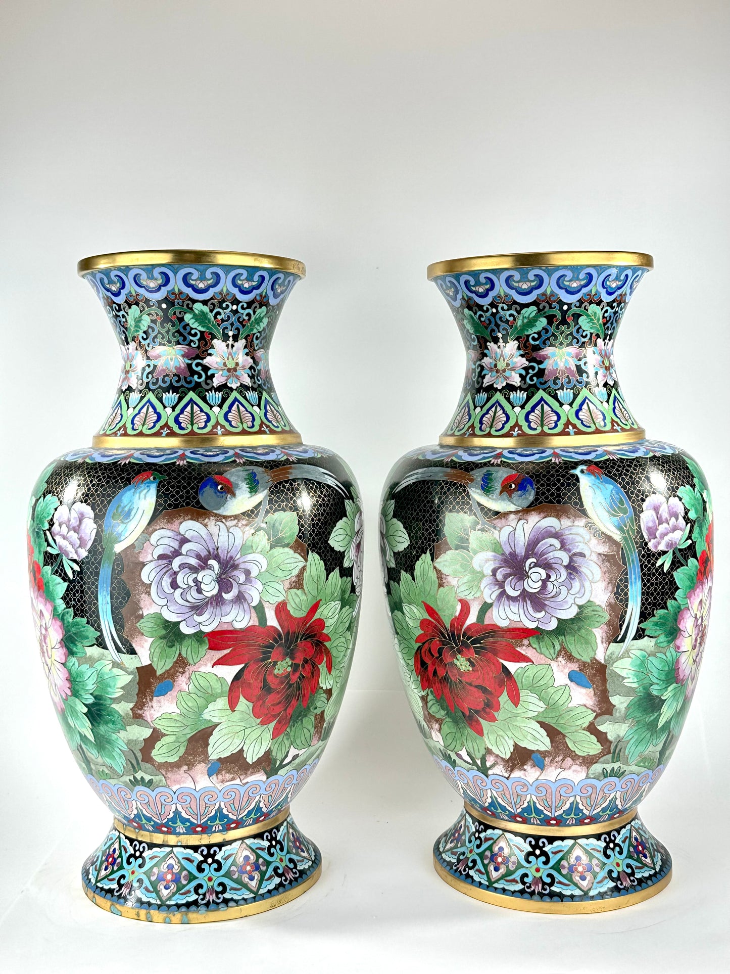 Vintage Chinese Cloisonne Vase Pair Black Ground Peony Pheasant Polychrome 20"H