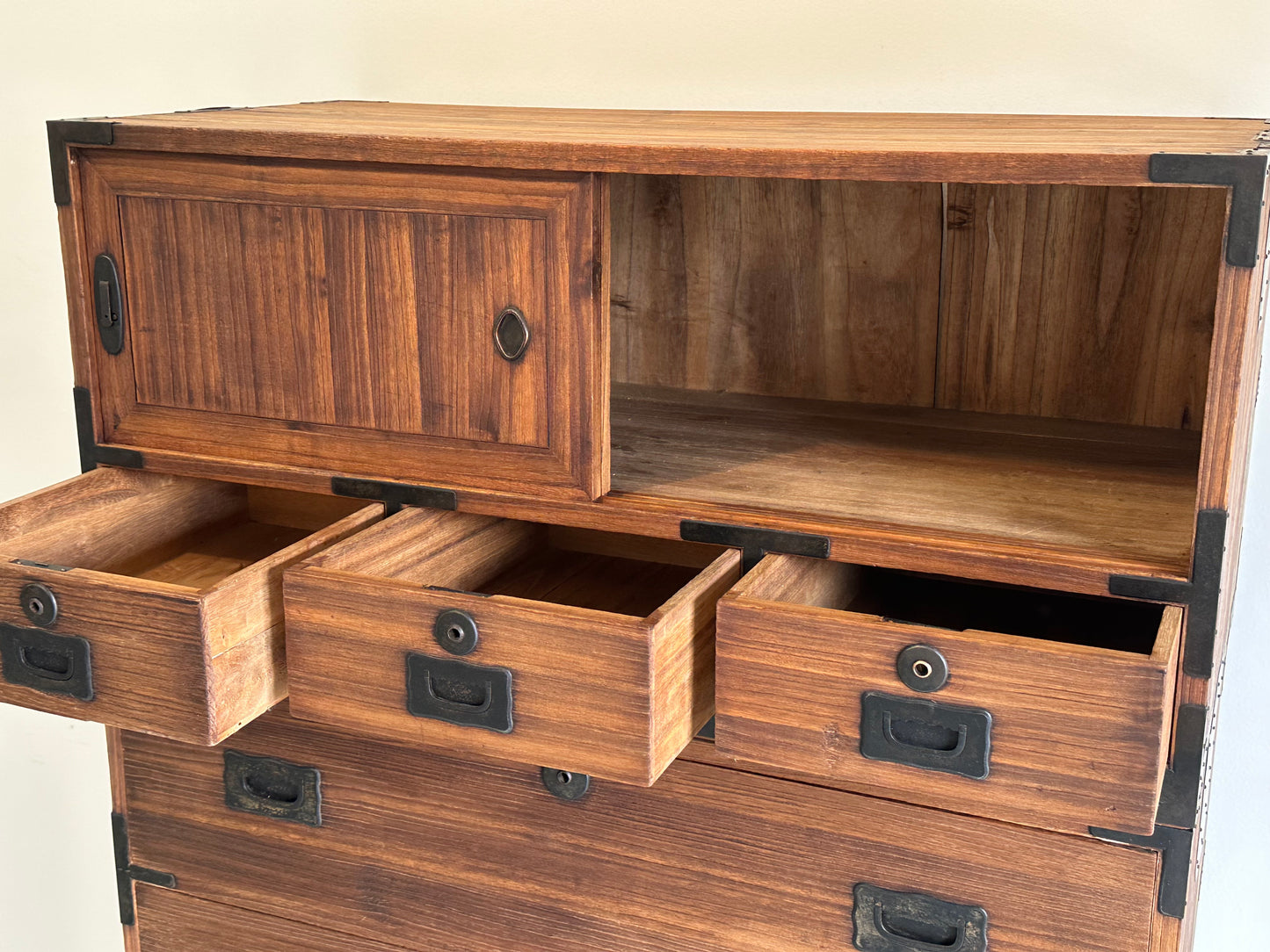 Antique Japanese Isho-Tansu Clothing Chest Taisho c1920’s 57”H Kiri Wood