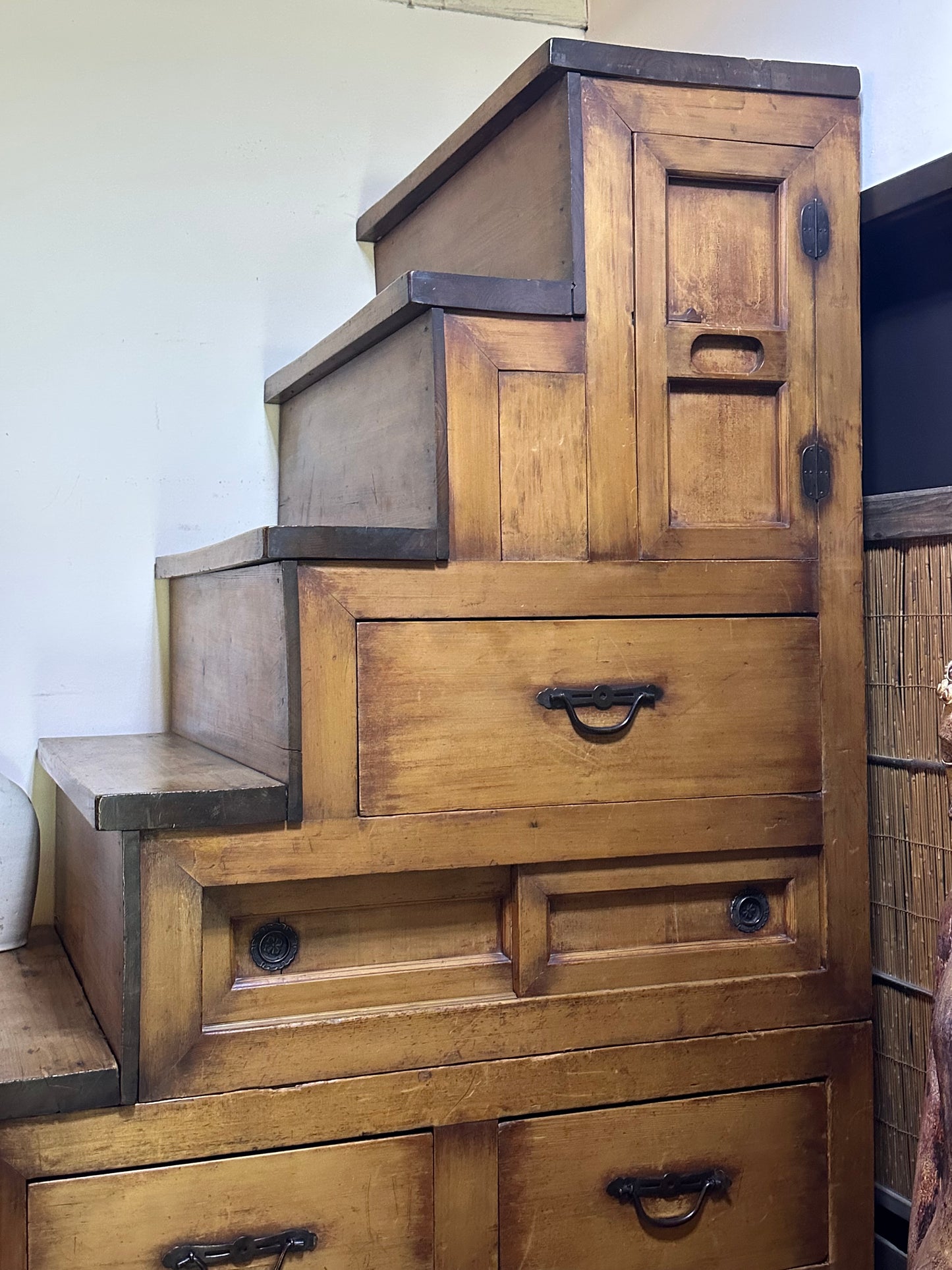 Antique Japanese Meiji Era (1868-1912) Kaidandansu Stair Tansu Sugi Wood 88"H
