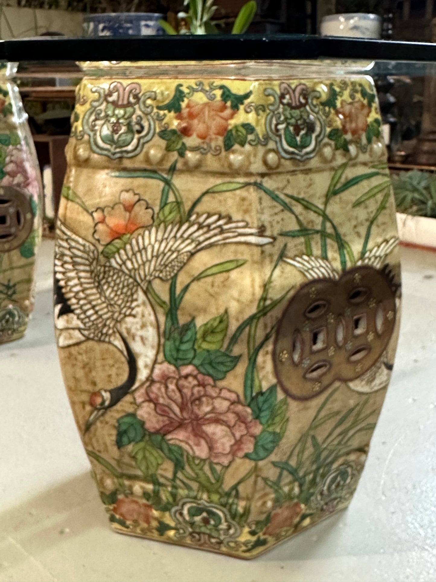 Vintage Coffee Table Chinese Garden Stools Ceramic Crane Motif 54x30"