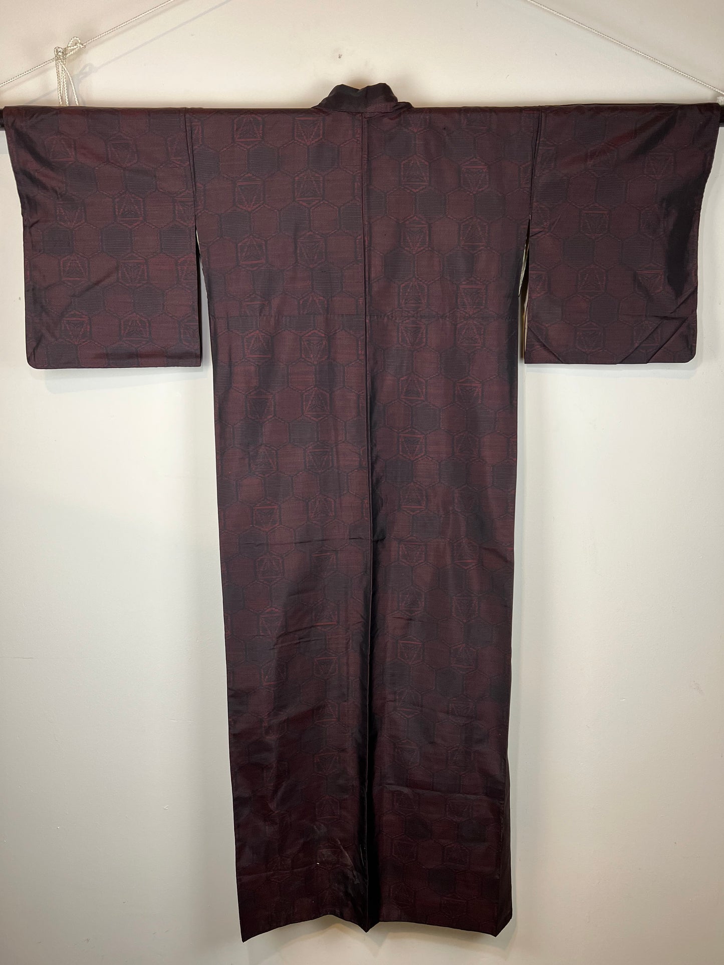 Vintage Japanese Silk Kimono Ruby Red & Black Hexagon Pattern 63"L