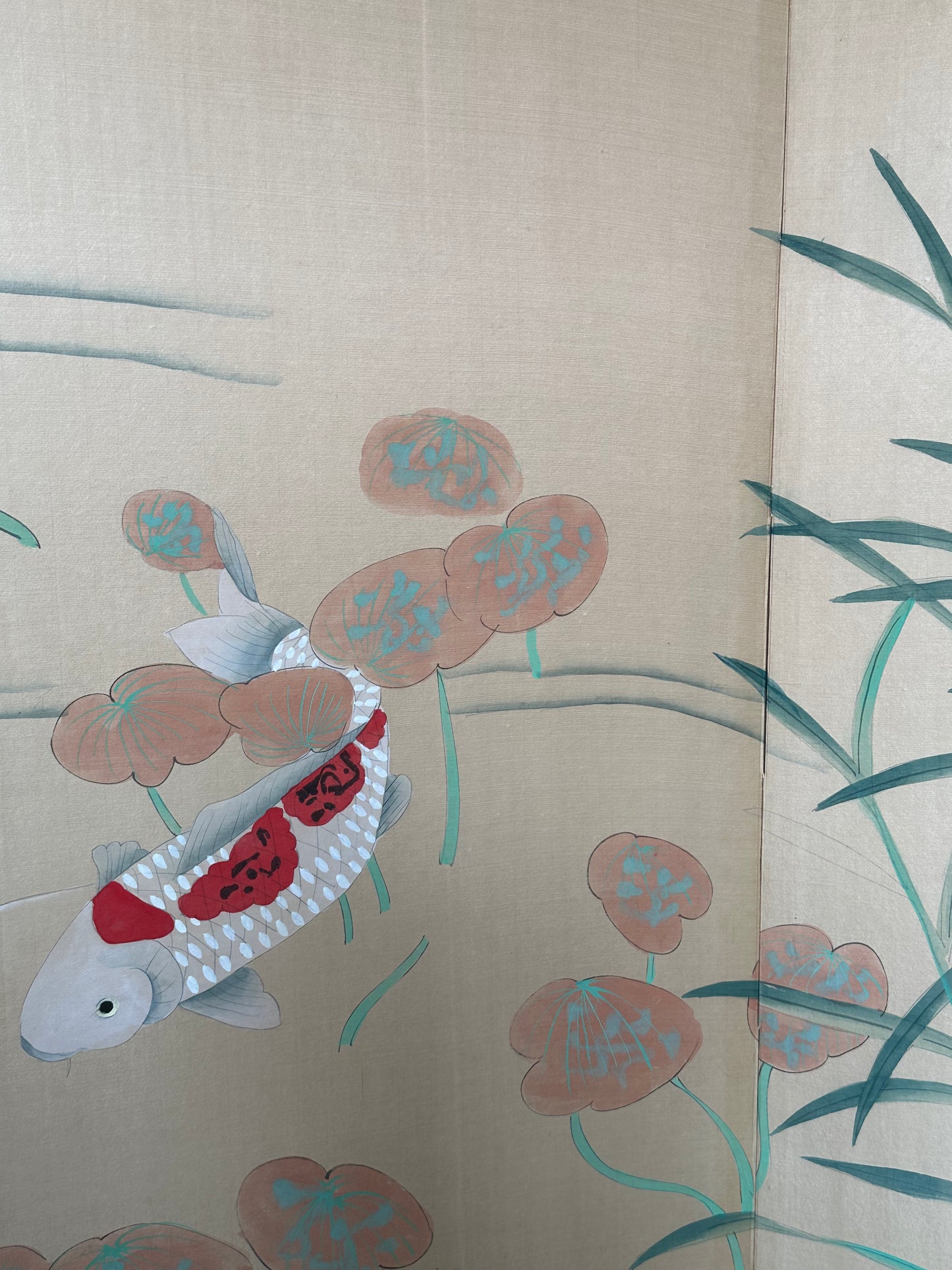 Vintage Japanese 4 Panel Folding Screen Wall Hanging Koi Fish 36"H