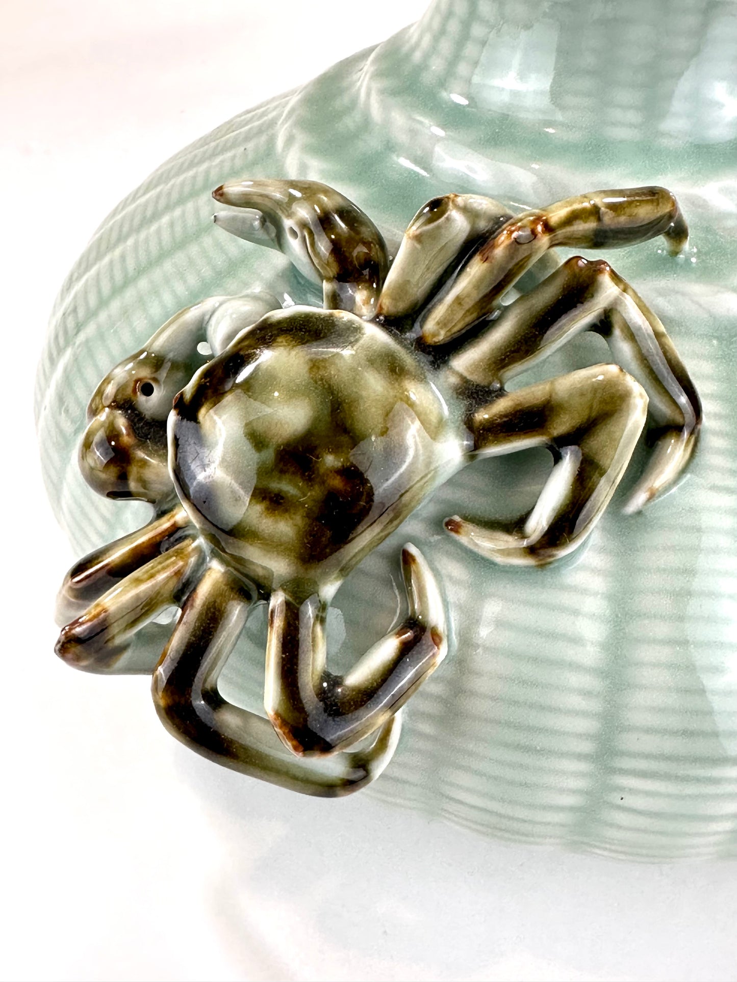Vintage Japanese Celadon Basket-Weave Vase with Applied Crab 9.5"