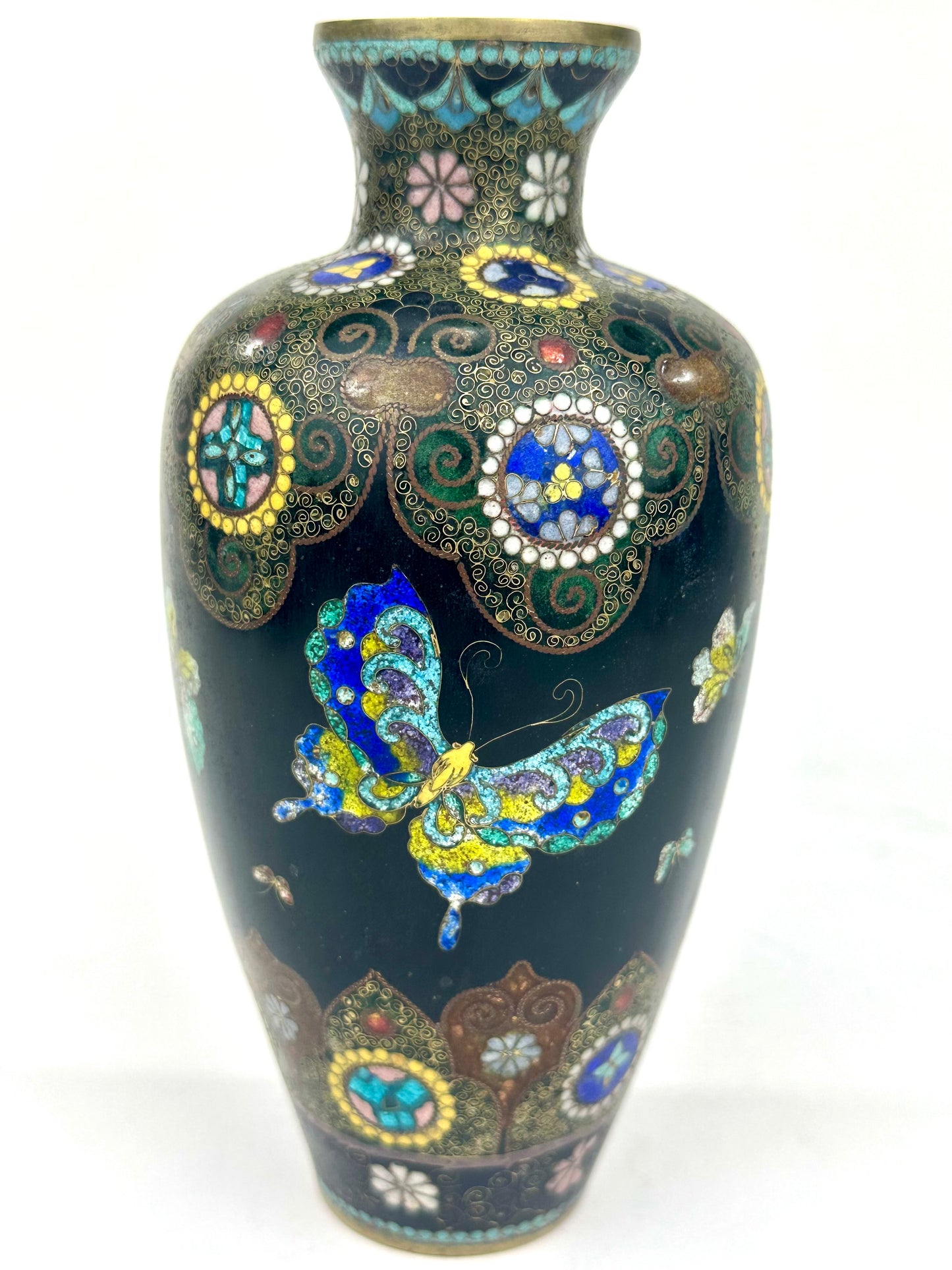 Antique Japanese Meiji Era (c1880) Cloisonné Vase Butterflies 7.5”