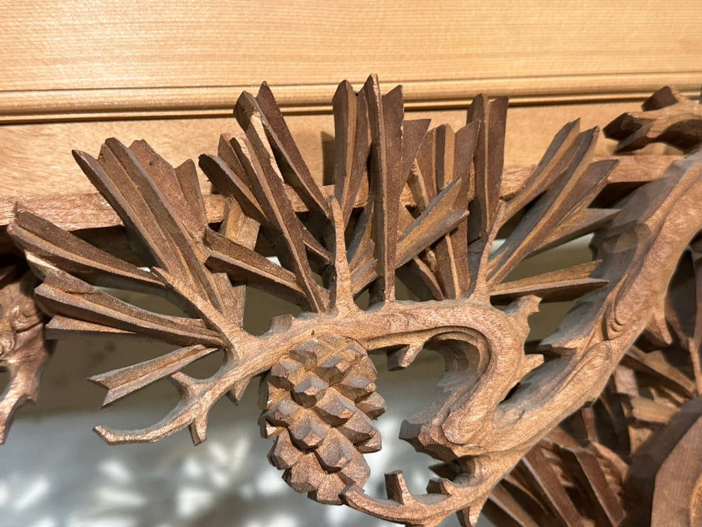 Japanese Inami Chokoku Sugi Wood Ranma Transom Carved Pine Tree Signed Kohō Taisho Showa 72"L