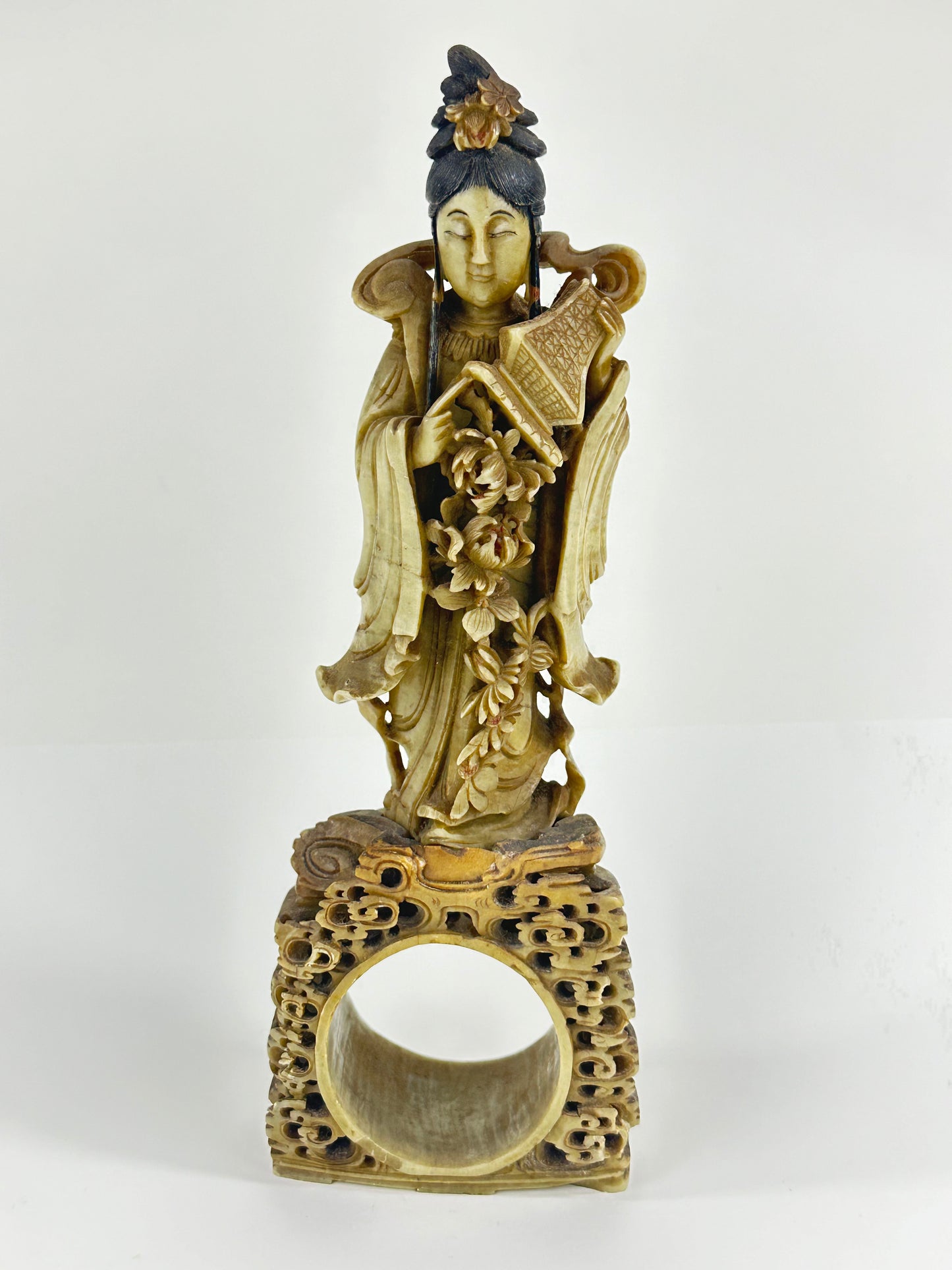 Antique Chinese Natural Stone Carved Statue of Quan Yin 11.5”