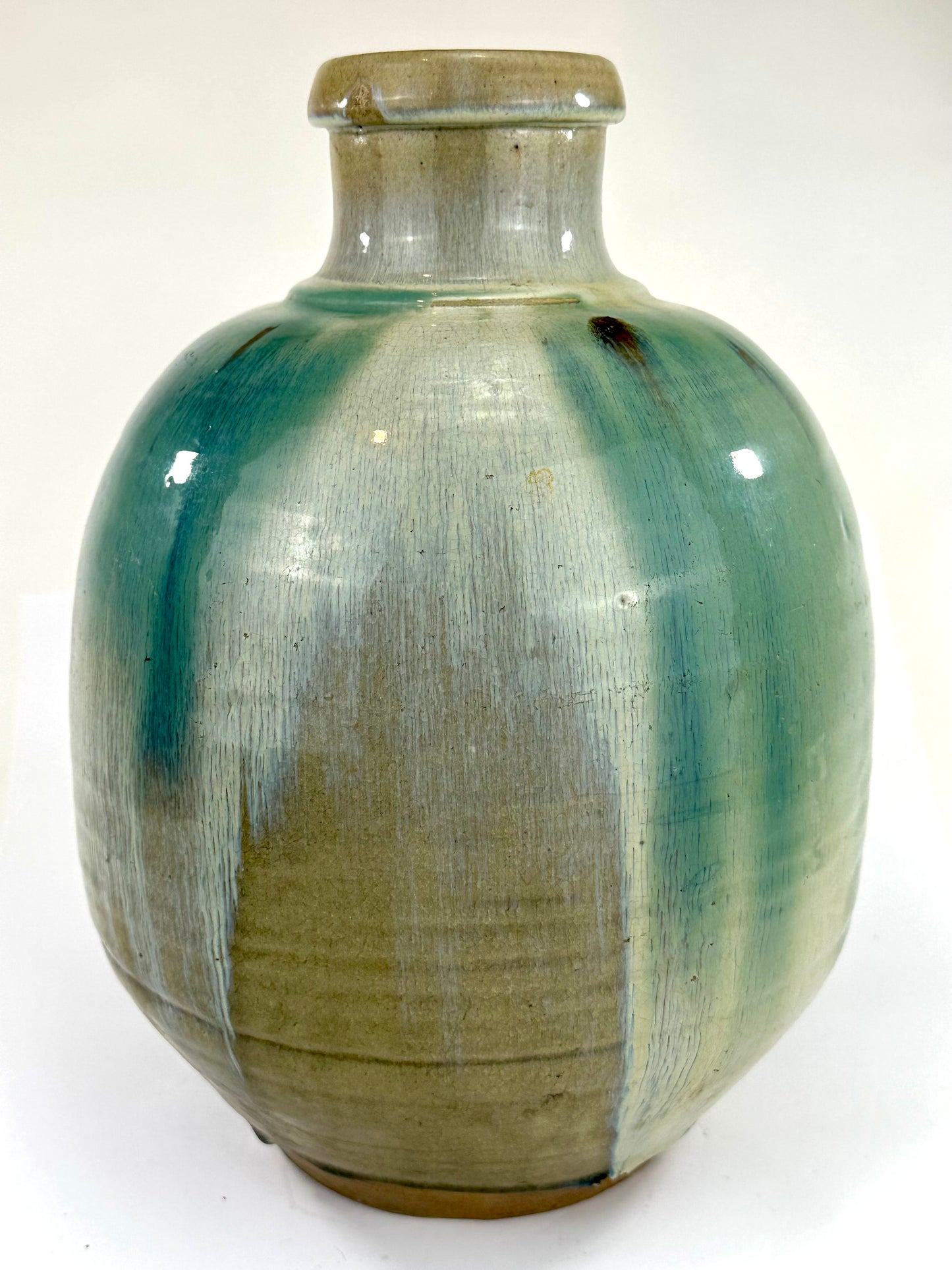 Antique Japanese Tsubo Urn Blue-Green Shigaraki Drip Glaze 16"H