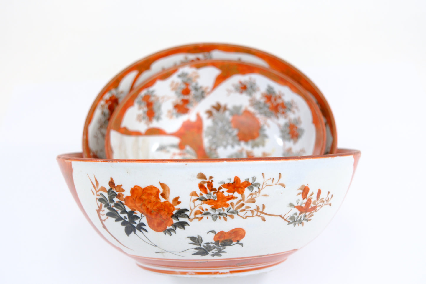 Antique Japanese Kutani Aka-e Nesting Bowl Set Three Karako Children Peony Meiji 10"W