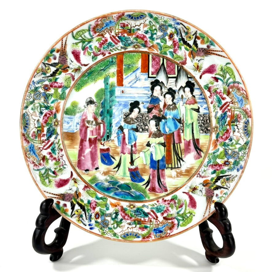 Antique Chinese Qing Famille Rose Canton Porcelain Plate Domestic Scene 8″W