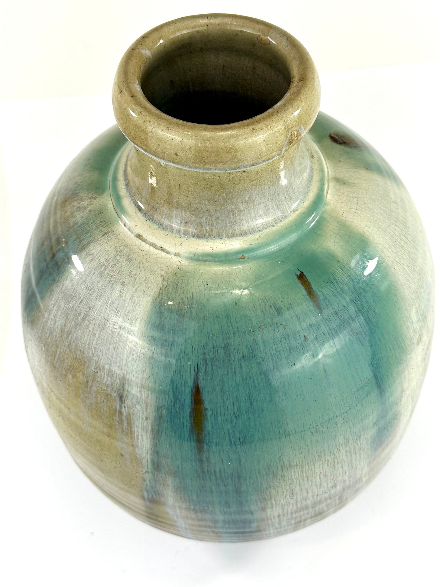 Antique Japanese Tsubo Urn Blue-Green Shigaraki Drip Glaze 16"H