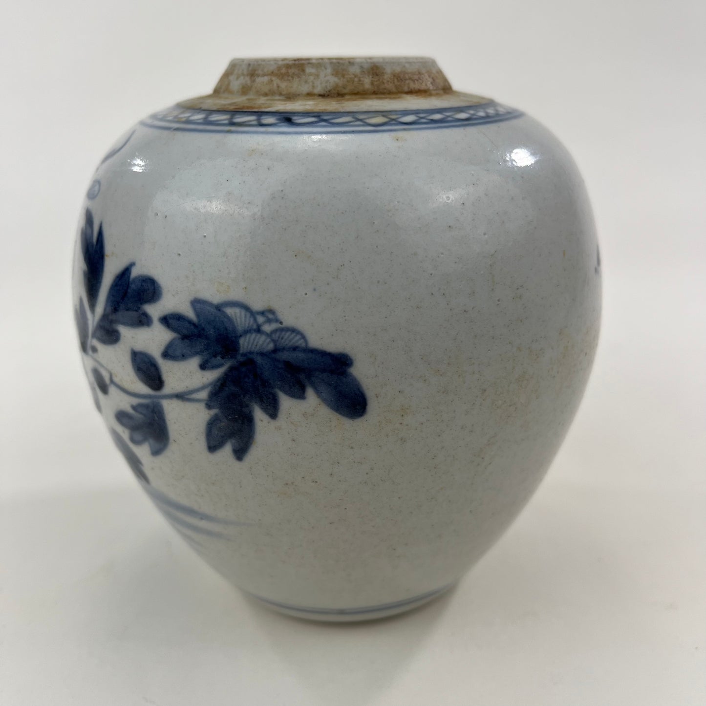 Antique Chinese Qing 19th Blue & White Ginger Jar Hand Painted Peony 6"