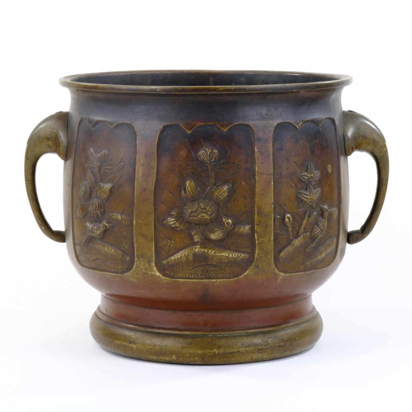Antique Japanese Meiji Era Bronze Hibachi Brazier Floral Motif 9"H