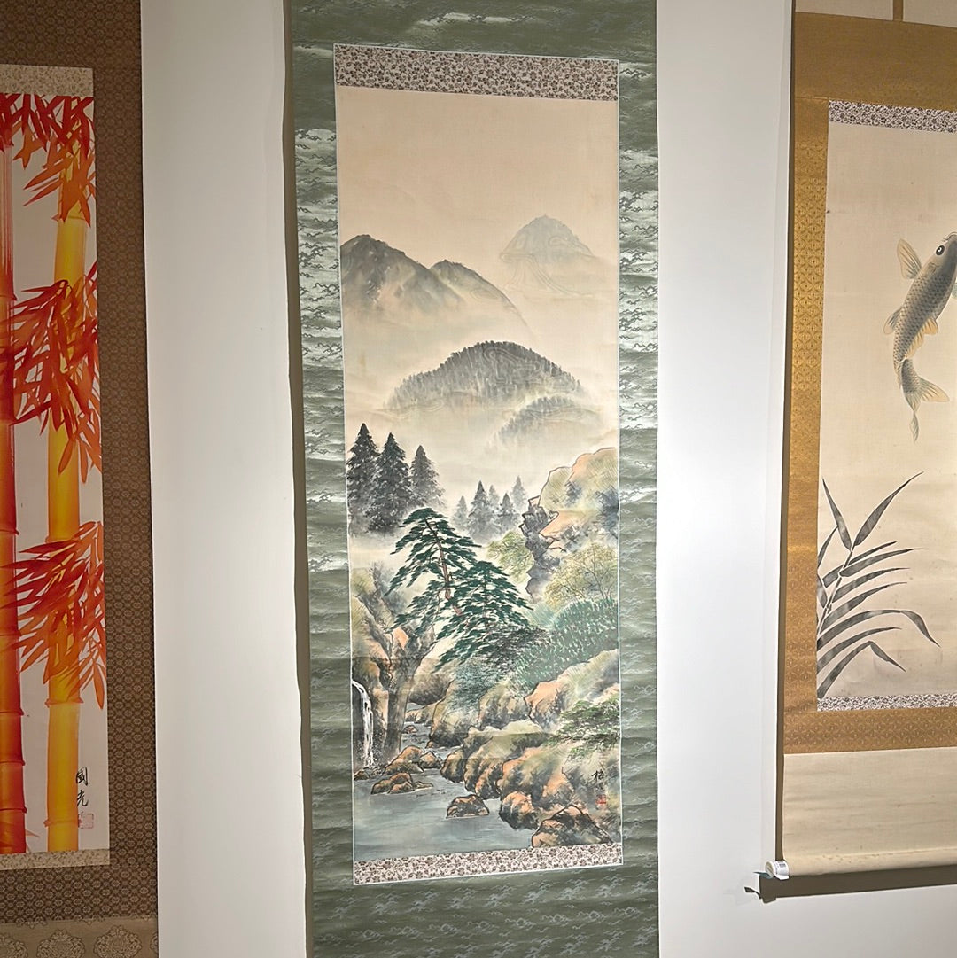 Japanese Vintage Scroll Kakejiku Hand Painted Showa Era Mountain Stream