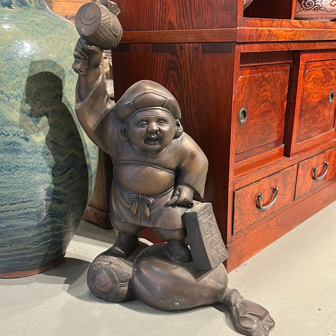 Vintage Japanese Bronze Statue Daikokuji Lucky God w/ Hammer 22"