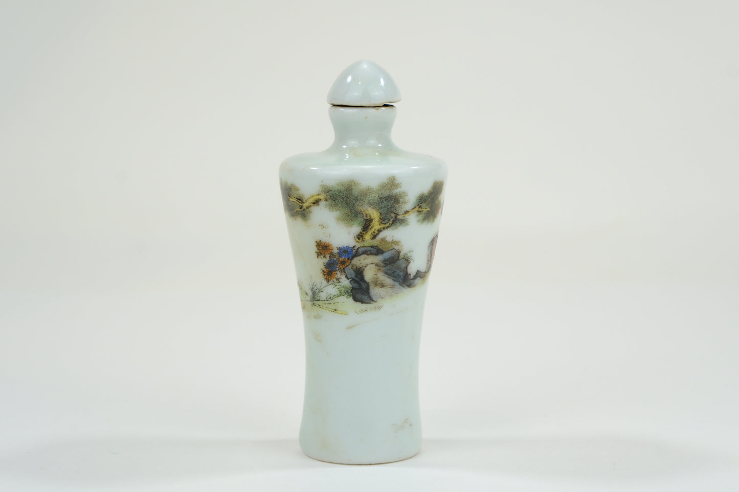 Vintage Chinese Porcelain Snuff Bottle Warrior on Tiger w/ Stopper 3"