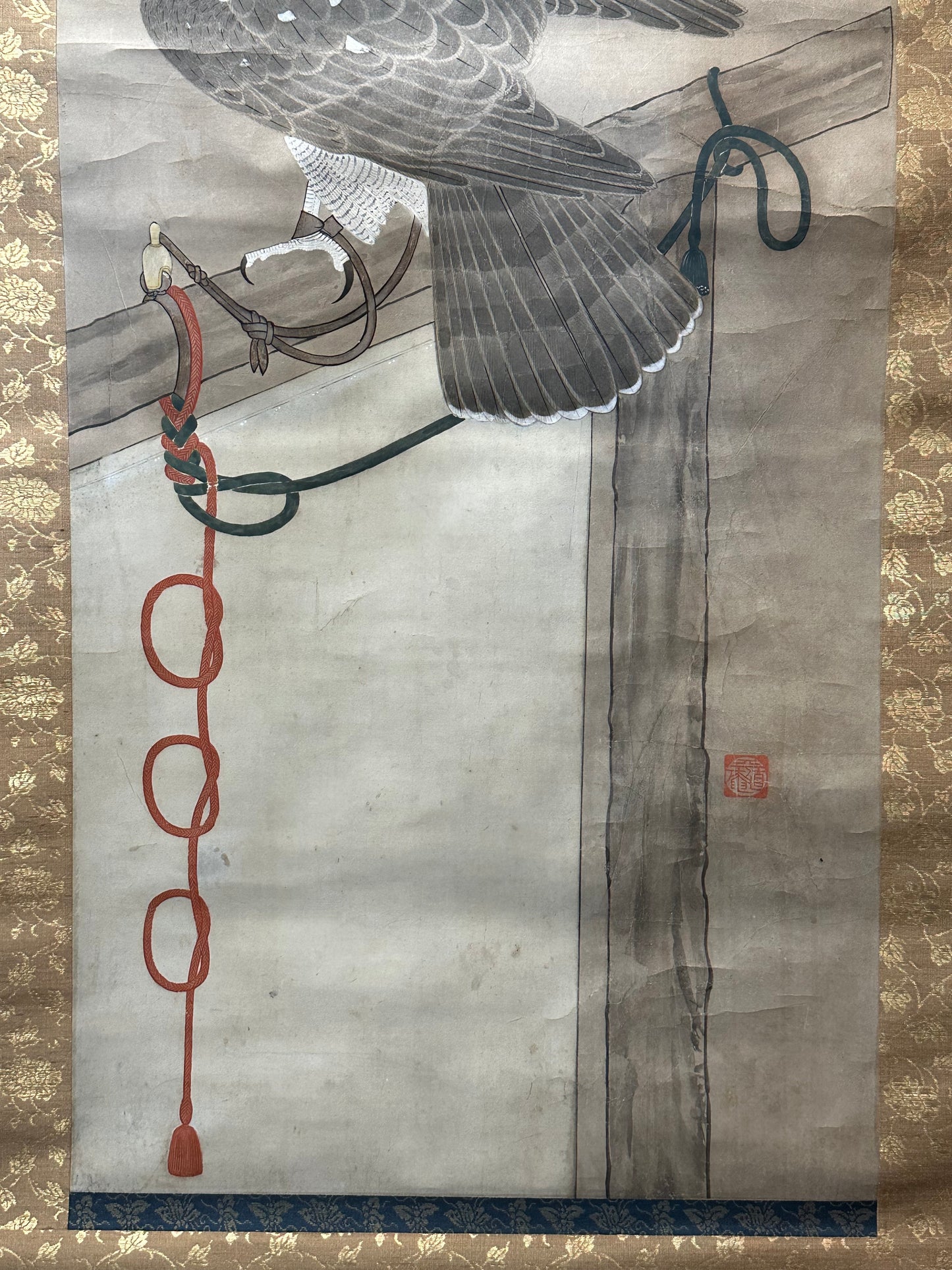 Japanese Antique Scroll Kakejiku Hand Painted Hunting Falcon 76"