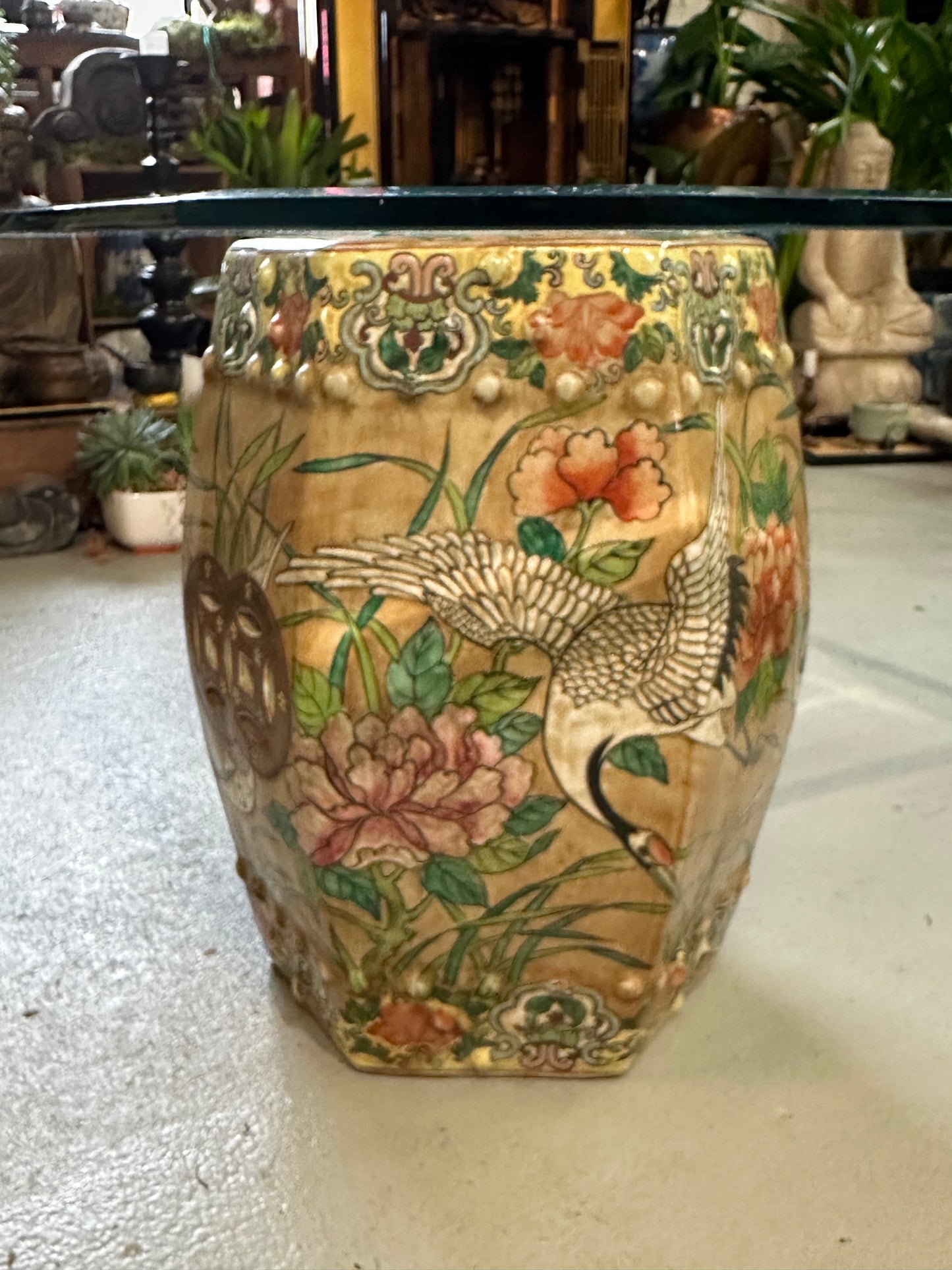 Vintage Coffee Table Chinese Garden Stools Ceramic Crane Motif 54x30"